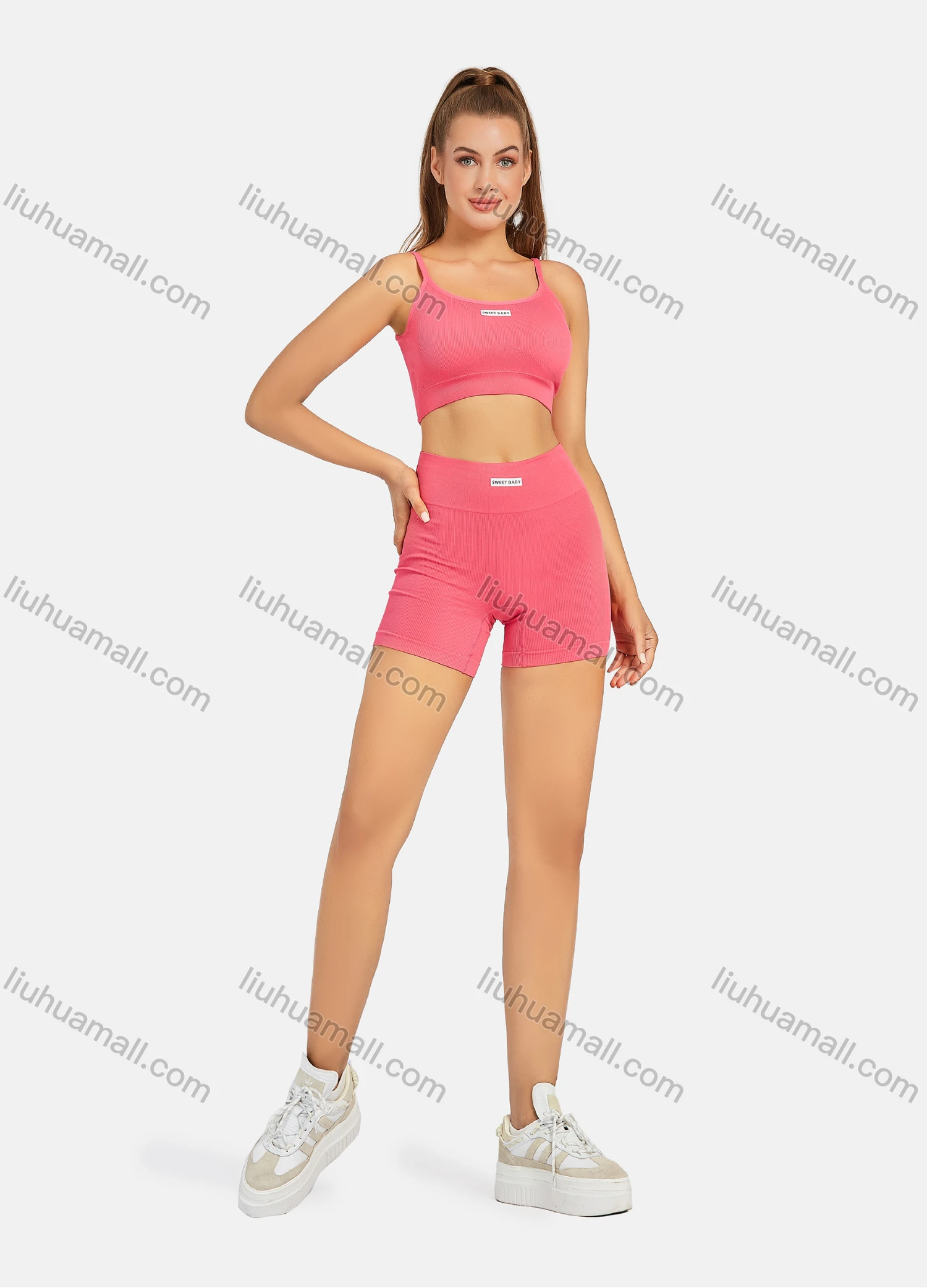 Wholesale Women's Athletic Plain Labelled Ribbed Spaghetti Strap Bralette & High Waist Biker Short 2 Piece Sports Yoga Set SP172# - Liuhuamall