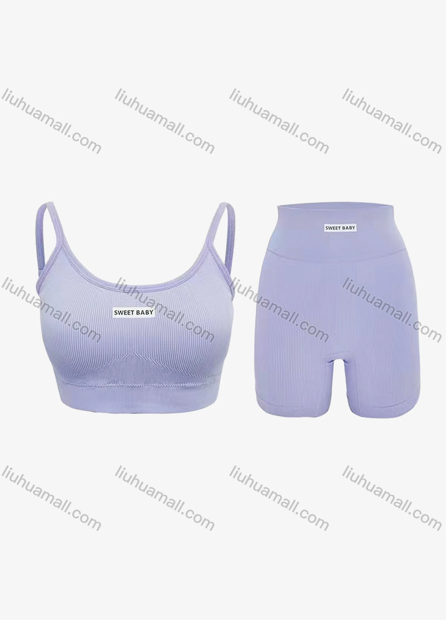 Wholesale Women's Athletic Plain Labelled Ribbed Spaghetti Strap Bralette & High Waist Biker Short 2 Piece Sports Yoga Set SP172# - Liuhuamall