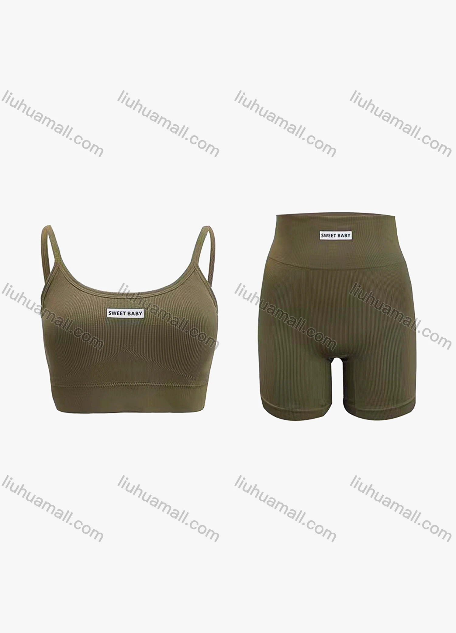 Wholesale Women's Athletic Plain Labelled Ribbed Spaghetti Strap Bralette & High Waist Biker Short 2 Piece Sports Yoga Set SP172# - Liuhuamall