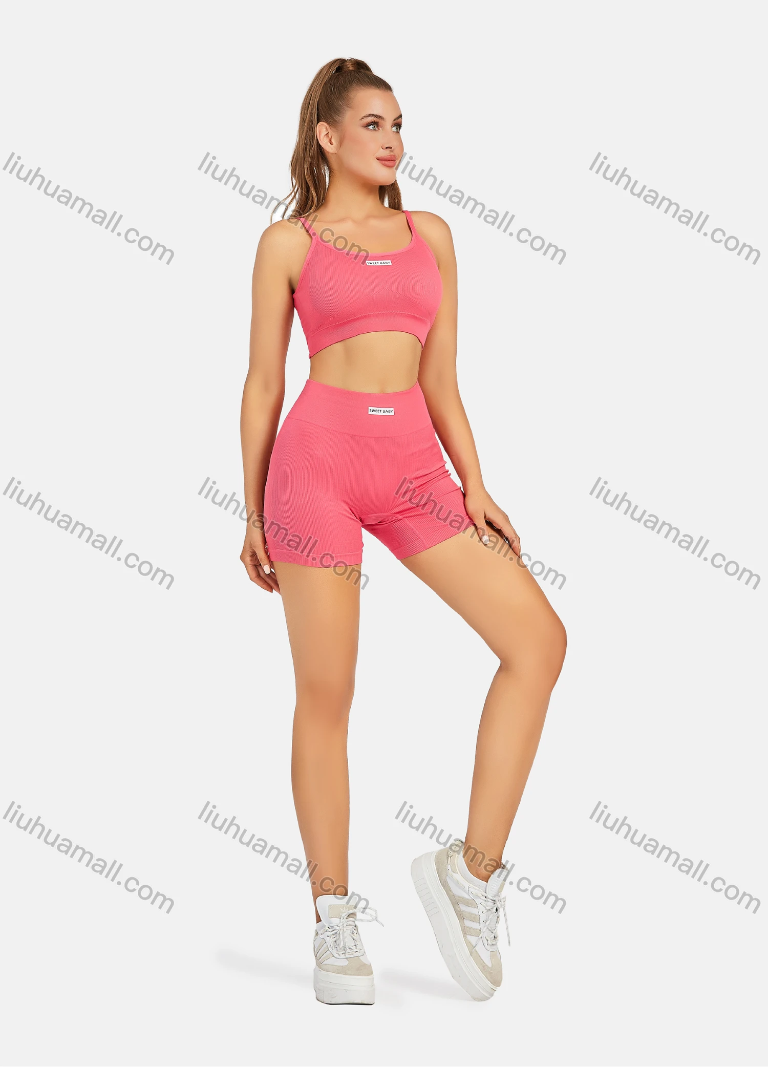 Wholesale Women's Athletic Plain Labelled Ribbed Spaghetti Strap Bralette & High Waist Biker Short 2 Piece Sports Yoga Set SP172# - Liuhuamall