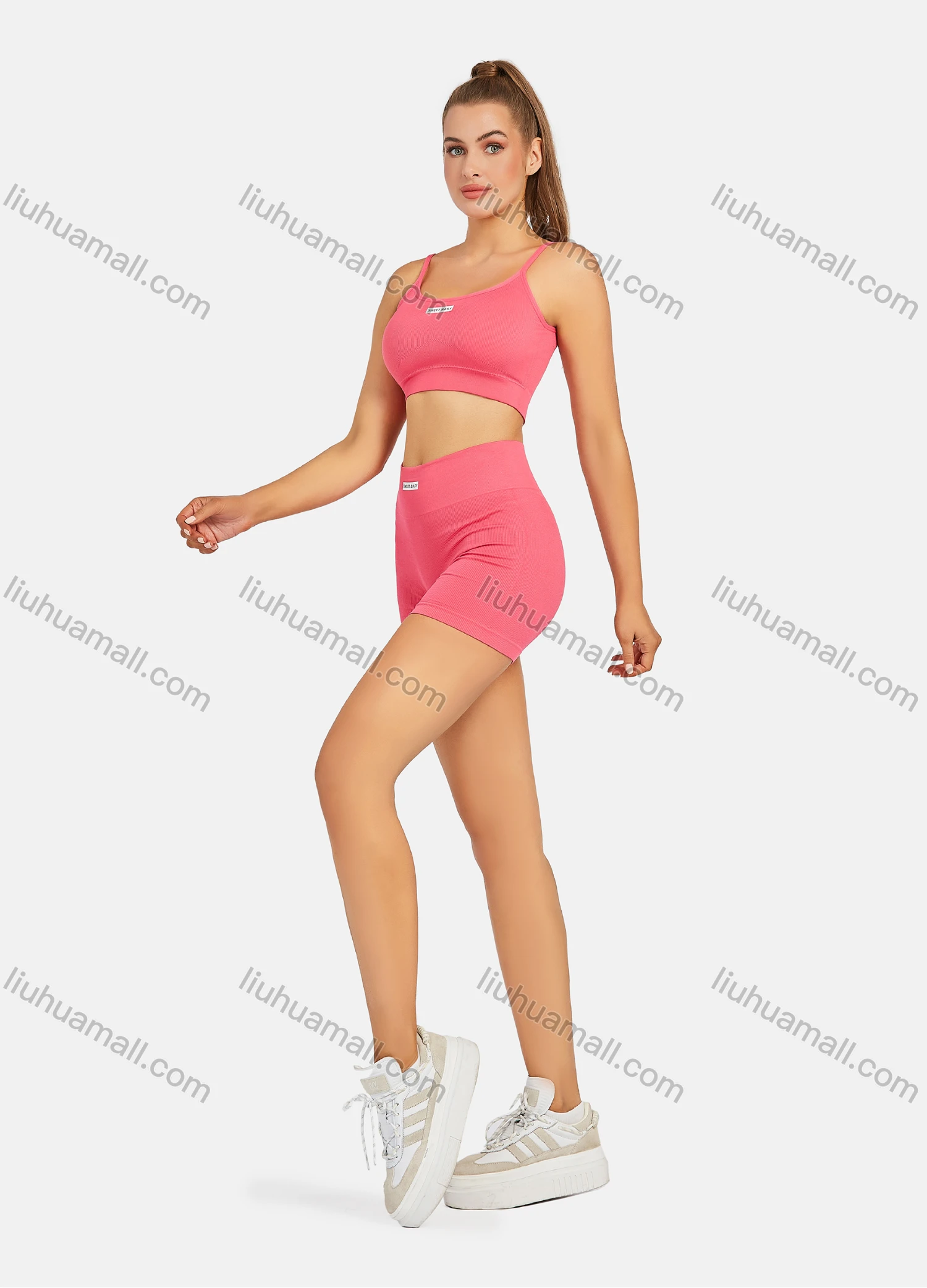 Wholesale Women's Athletic Plain Labelled Ribbed Spaghetti Strap Bralette & High Waist Biker Short 2 Piece Sports Yoga Set SP172# - Liuhuamall