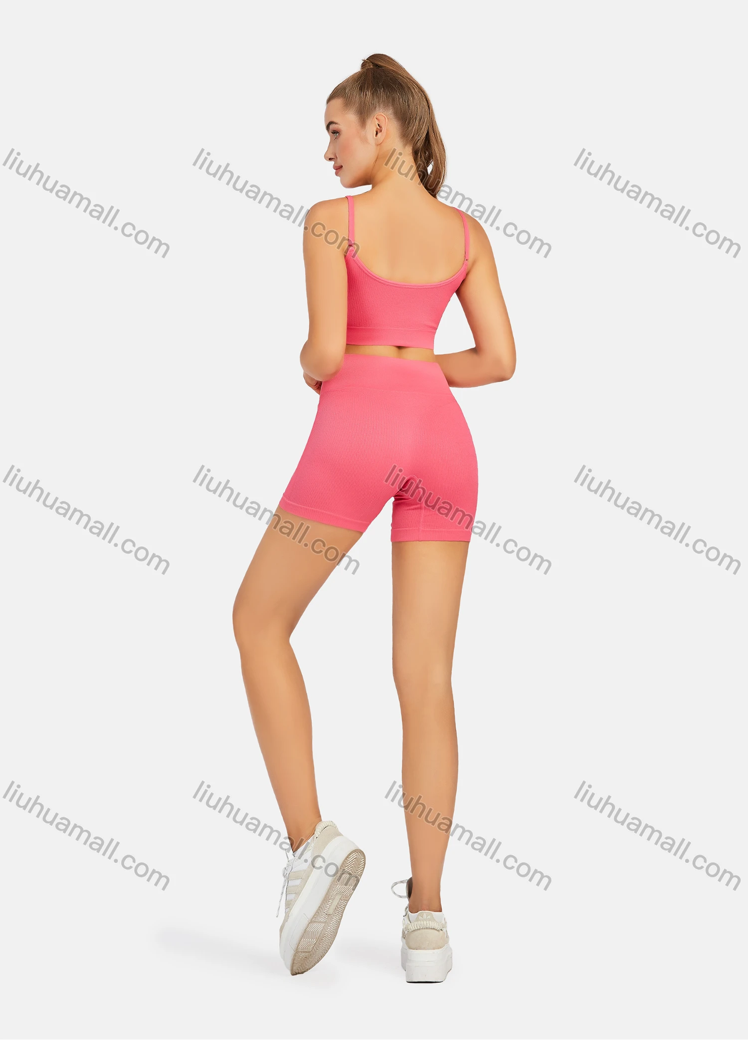 Wholesale Women's Athletic Plain Labelled Ribbed Spaghetti Strap Bralette & High Waist Biker Short 2 Piece Sports Yoga Set SP172# - Liuhuamall