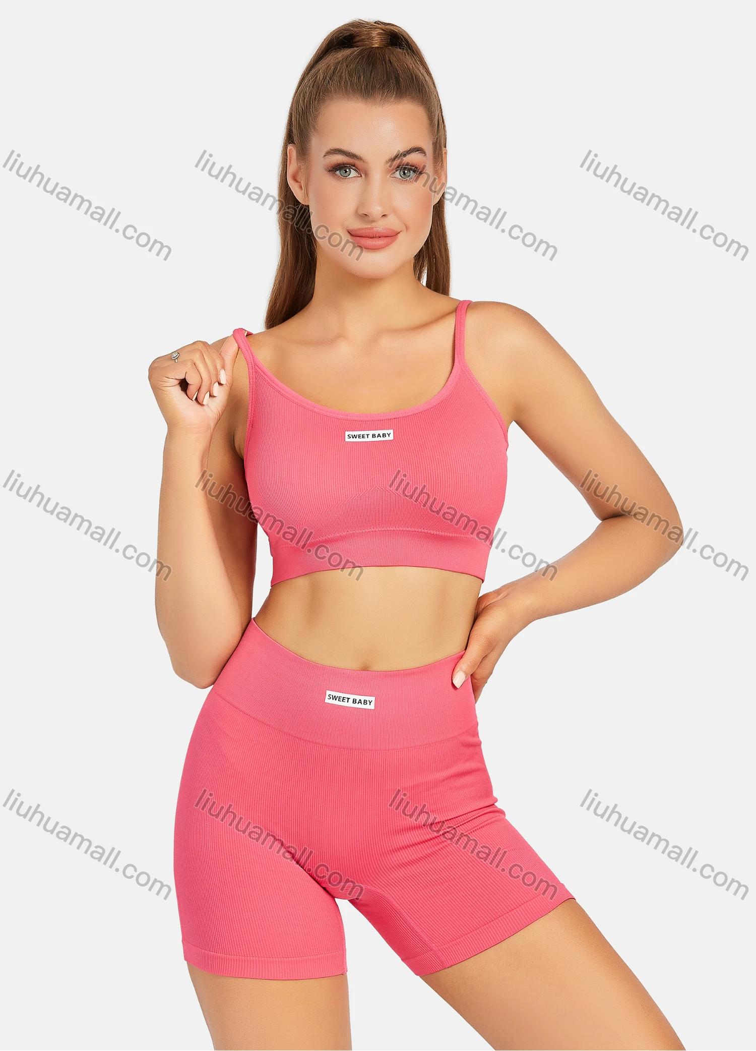 Wholesale Women's Athletic Plain Labelled Ribbed Spaghetti Strap Bralette & High Waist Biker Short 2 Piece Sports Yoga Set SP172# - Liuhuamall