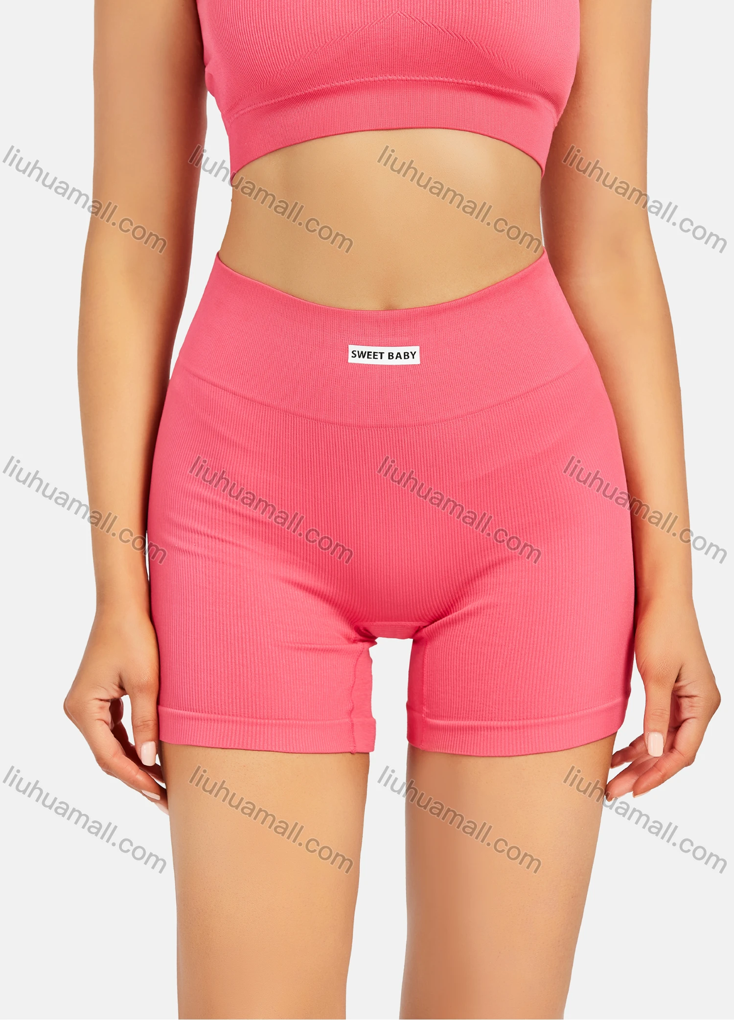 Wholesale Women's Athletic Plain Labelled Ribbed Spaghetti Strap Bralette & High Waist Biker Short 2 Piece Sports Yoga Set SP172# - Liuhuamall