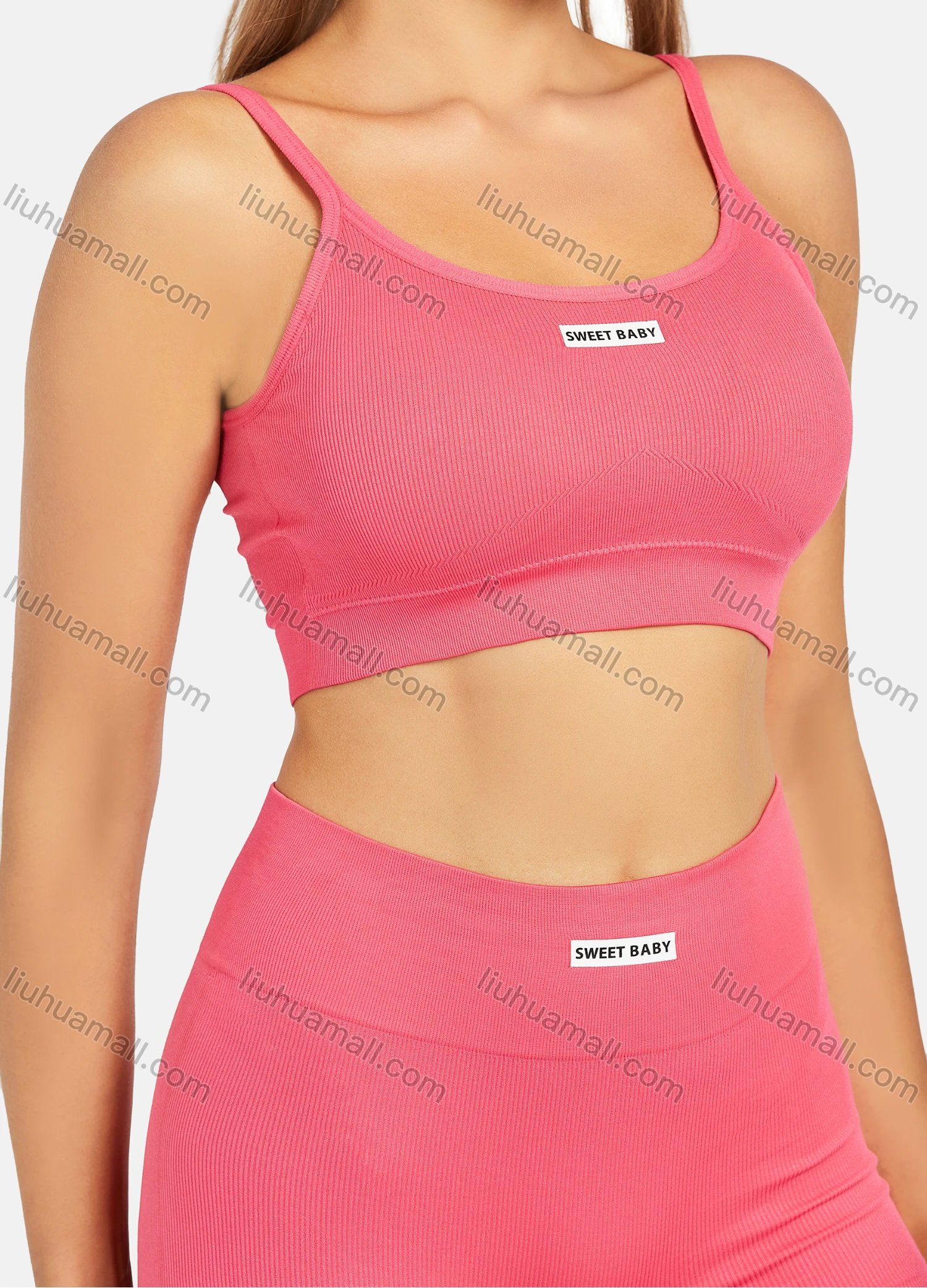 Wholesale Women's Athletic Plain Labelled Ribbed Spaghetti Strap Bralette & High Waist Biker Short 2 Piece Sports Yoga Set SP172# - Liuhuamall