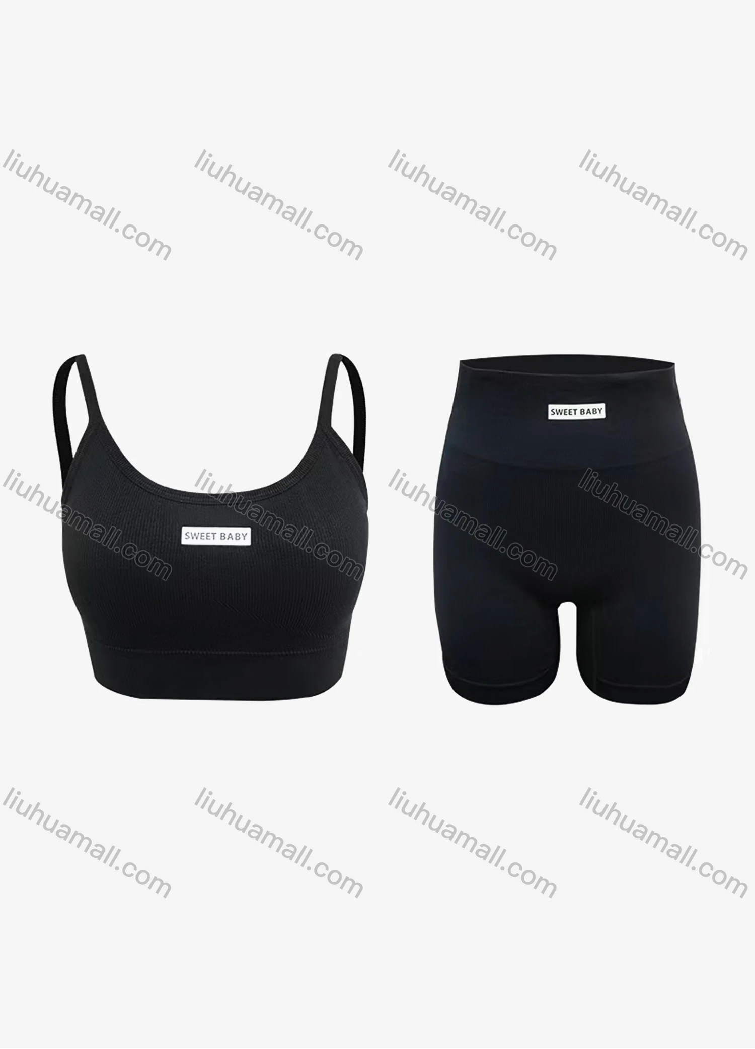 Wholesale Women's Athletic Plain Labelled Ribbed Spaghetti Strap Bralette & High Waist Biker Short 2 Piece Sports Yoga Set SP172# - Liuhuamall