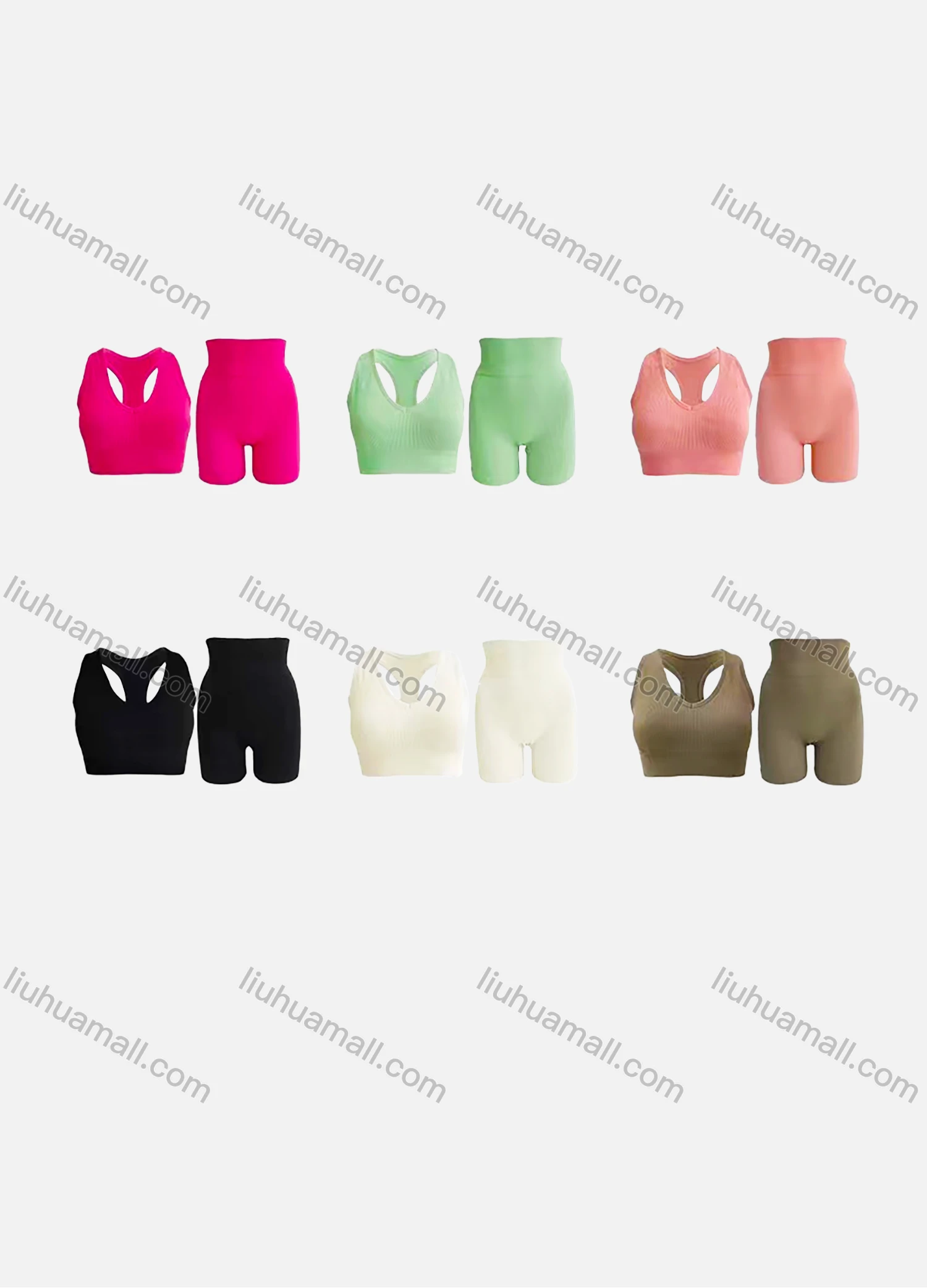 Wholesale Women's Athletic Plain Ribbed Racerback Bralette & High Waist Biker Short 2 Piece Sports Yoga Set SP170# - Liuhuamall