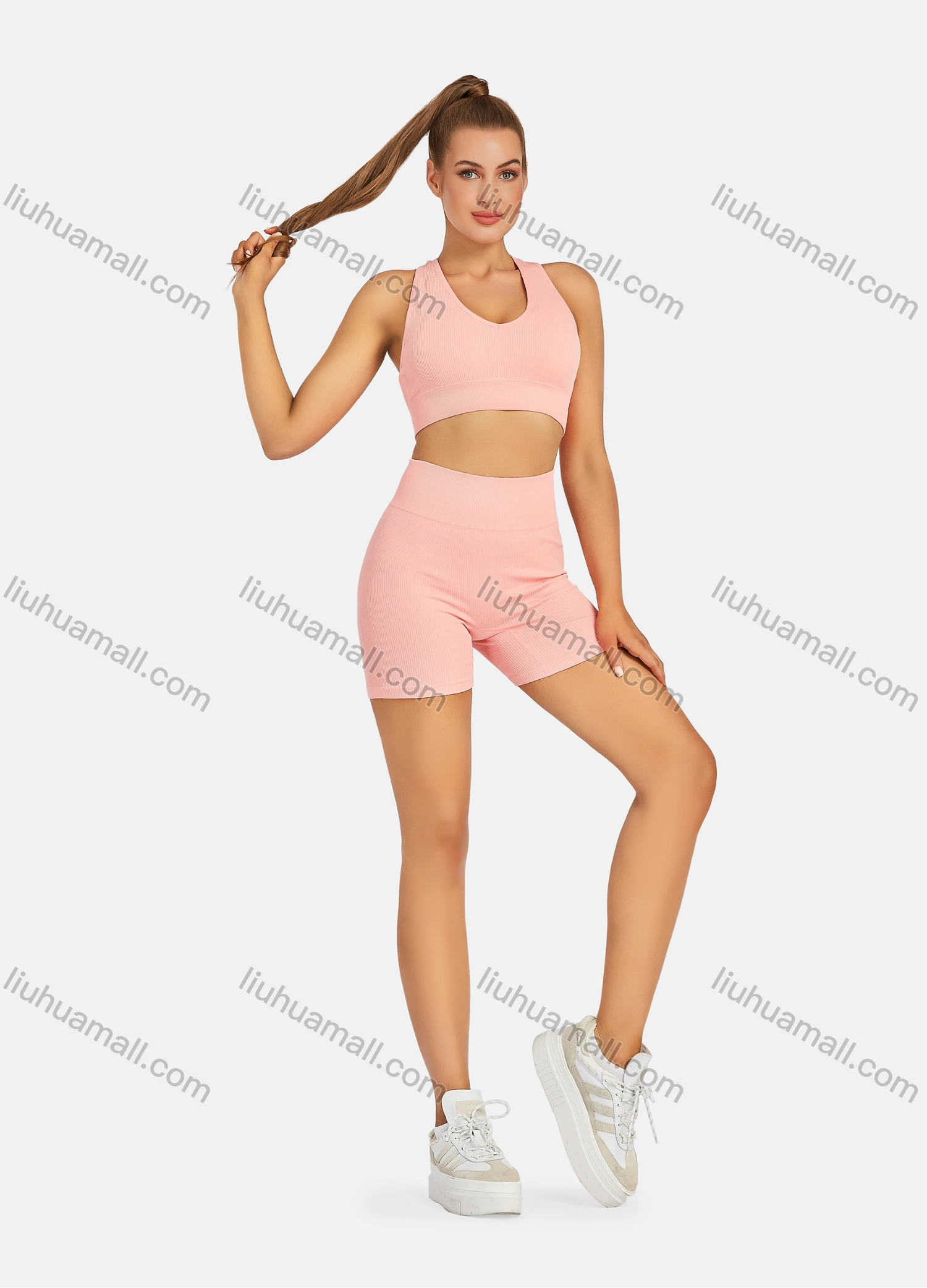 Wholesale Women's Athletic Plain Ribbed Racerback Bralette & High Waist Biker Short 2 Piece Sports Yoga Set SP170# - Liuhuamall