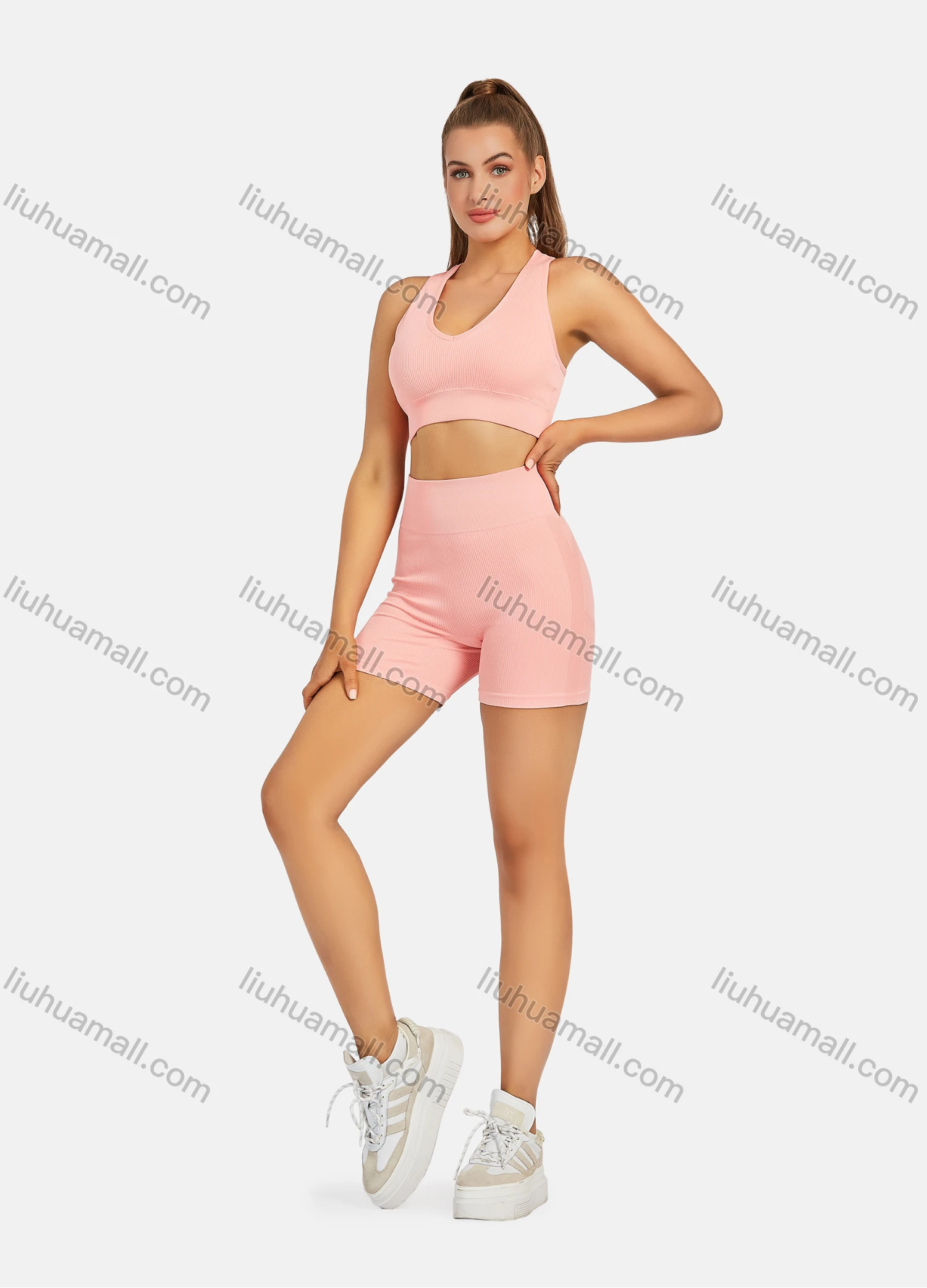 Wholesale Women's Athletic Plain Ribbed Racerback Bralette & High Waist Biker Short 2 Piece Sports Yoga Set SP170# - Liuhuamall