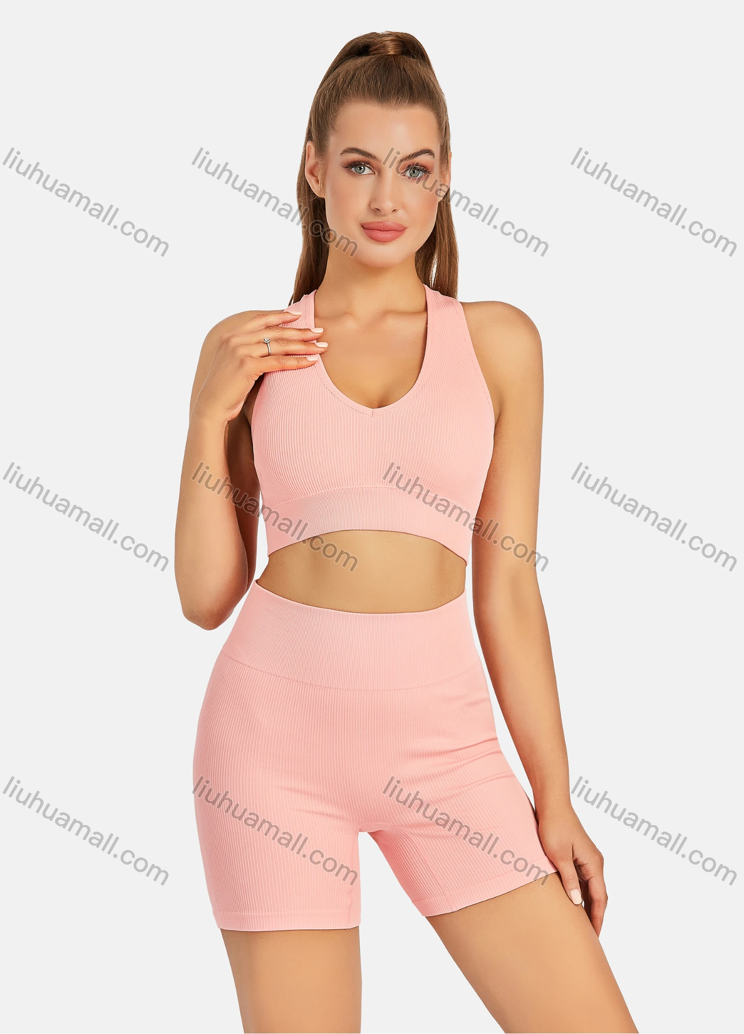 Wholesale Women's Athletic Plain Ribbed Racerback Bralette & High Waist Biker Short 2 Piece Sports Yoga Set SP170# - Liuhuamall