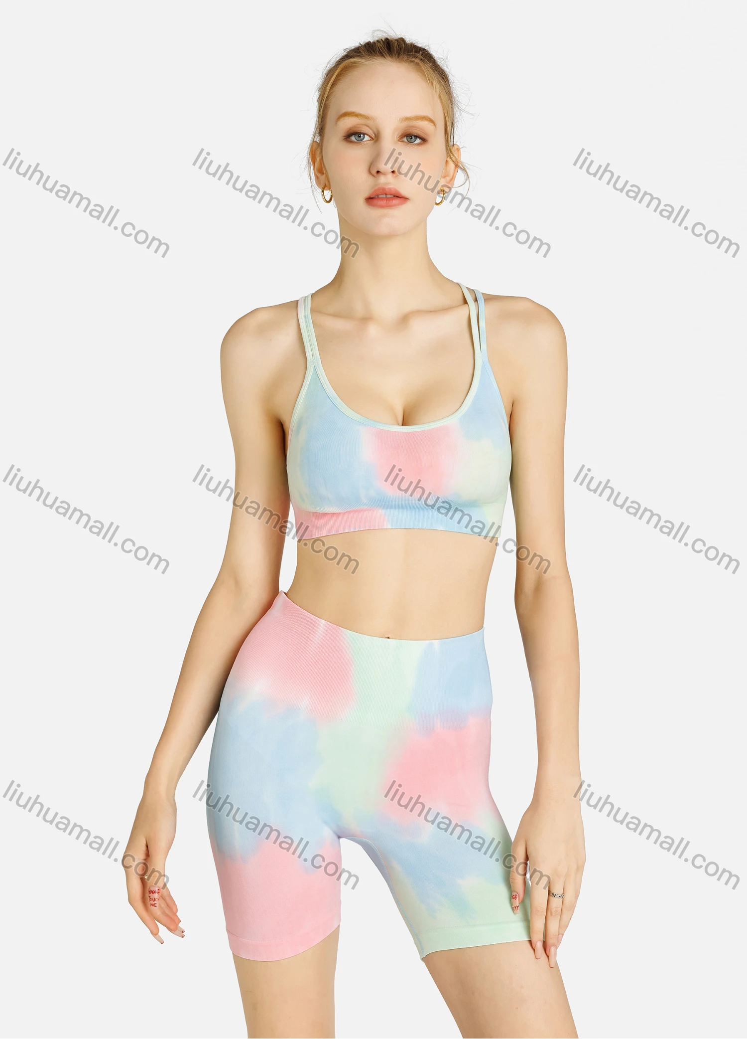 Wholesale Women's Sporty Tie Dye Crisscross Back Bra & High Waist Biker Shorts Set - Liuhuamall