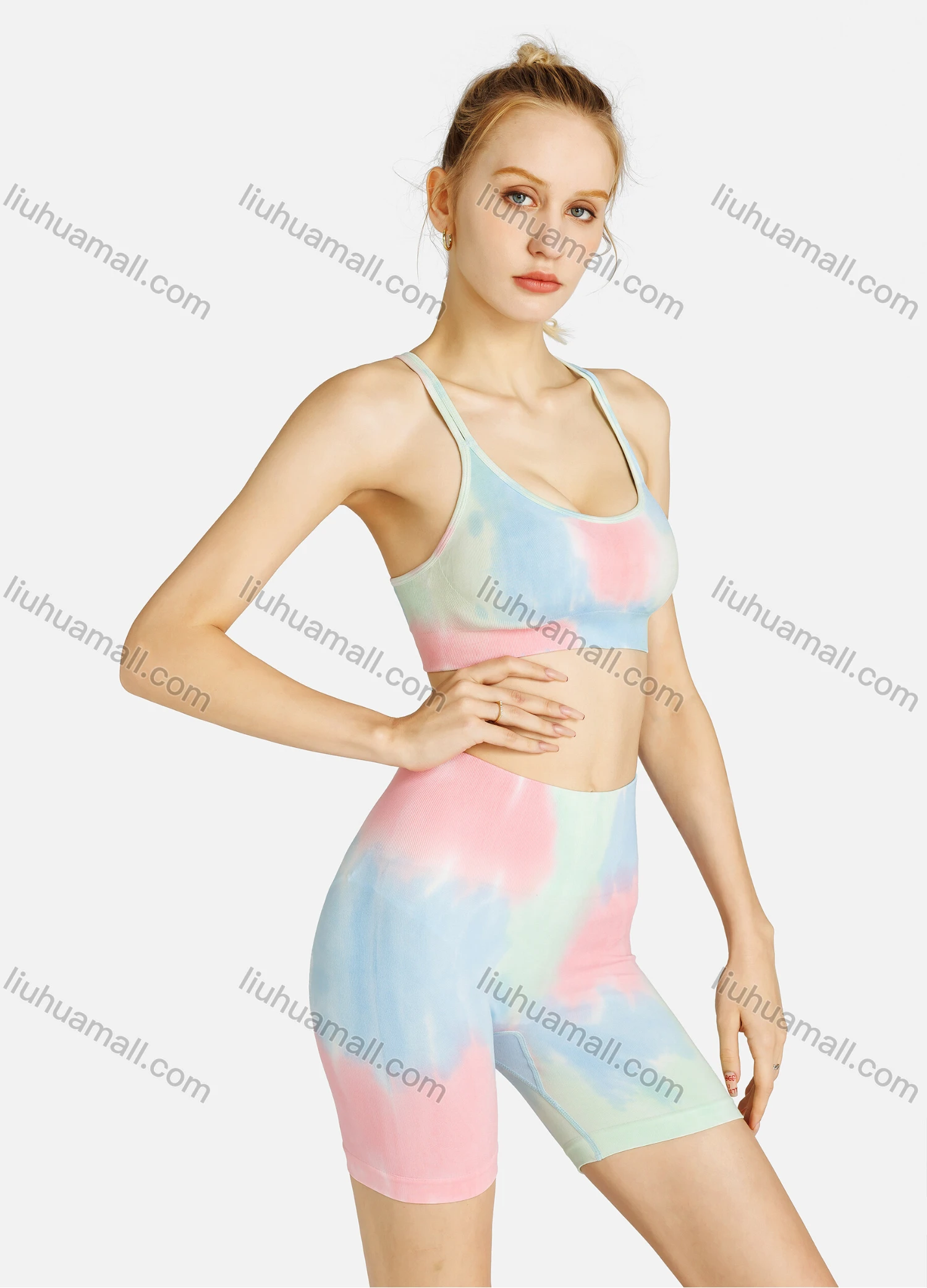 Wholesale Women's Sporty Tie Dye Crisscross Back Bra & High Waist Biker Shorts Set - Liuhuamall