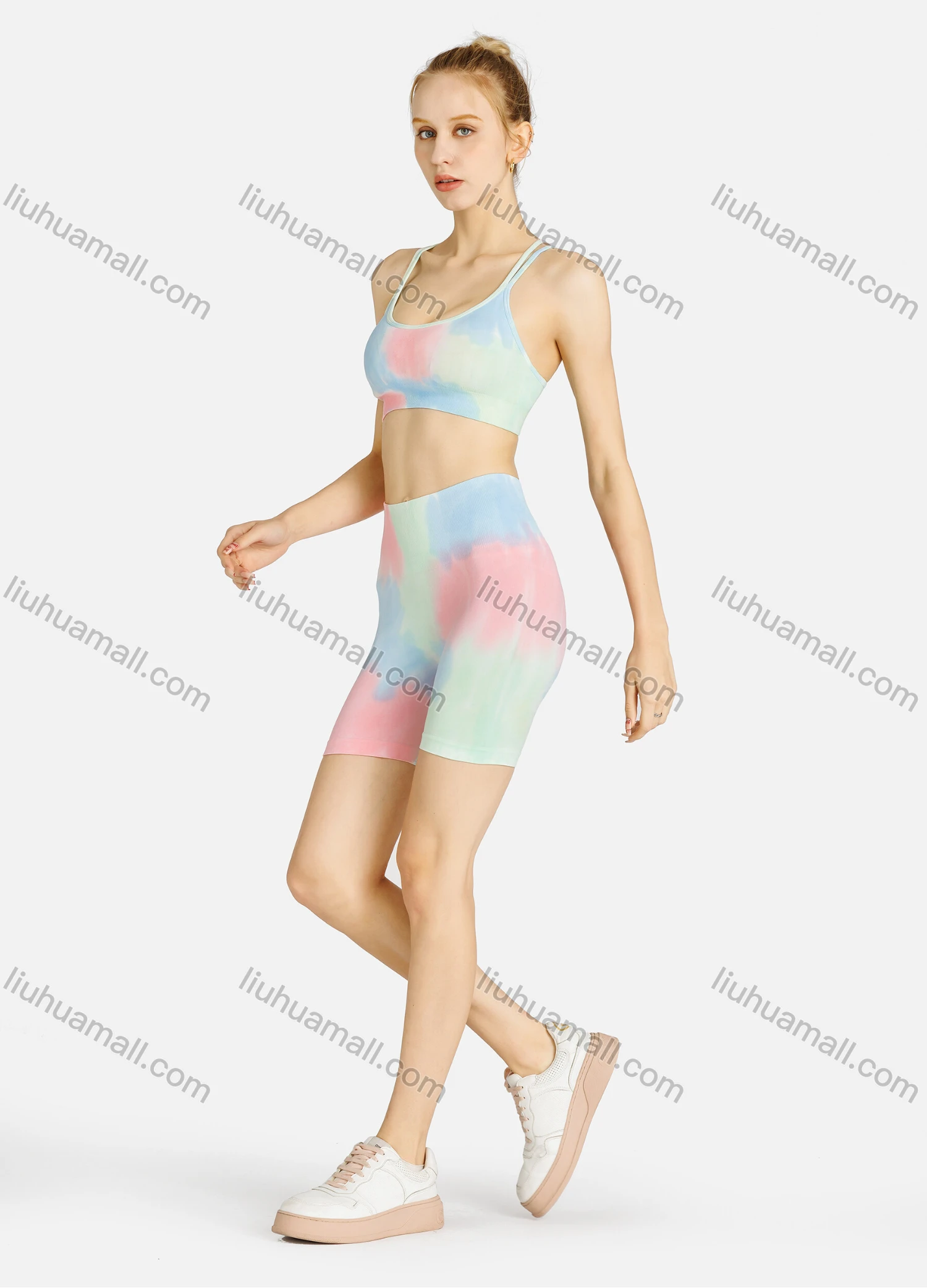 Wholesale Women's Sporty Tie Dye Crisscross Back Bra & High Waist Biker Shorts Set - Liuhuamall