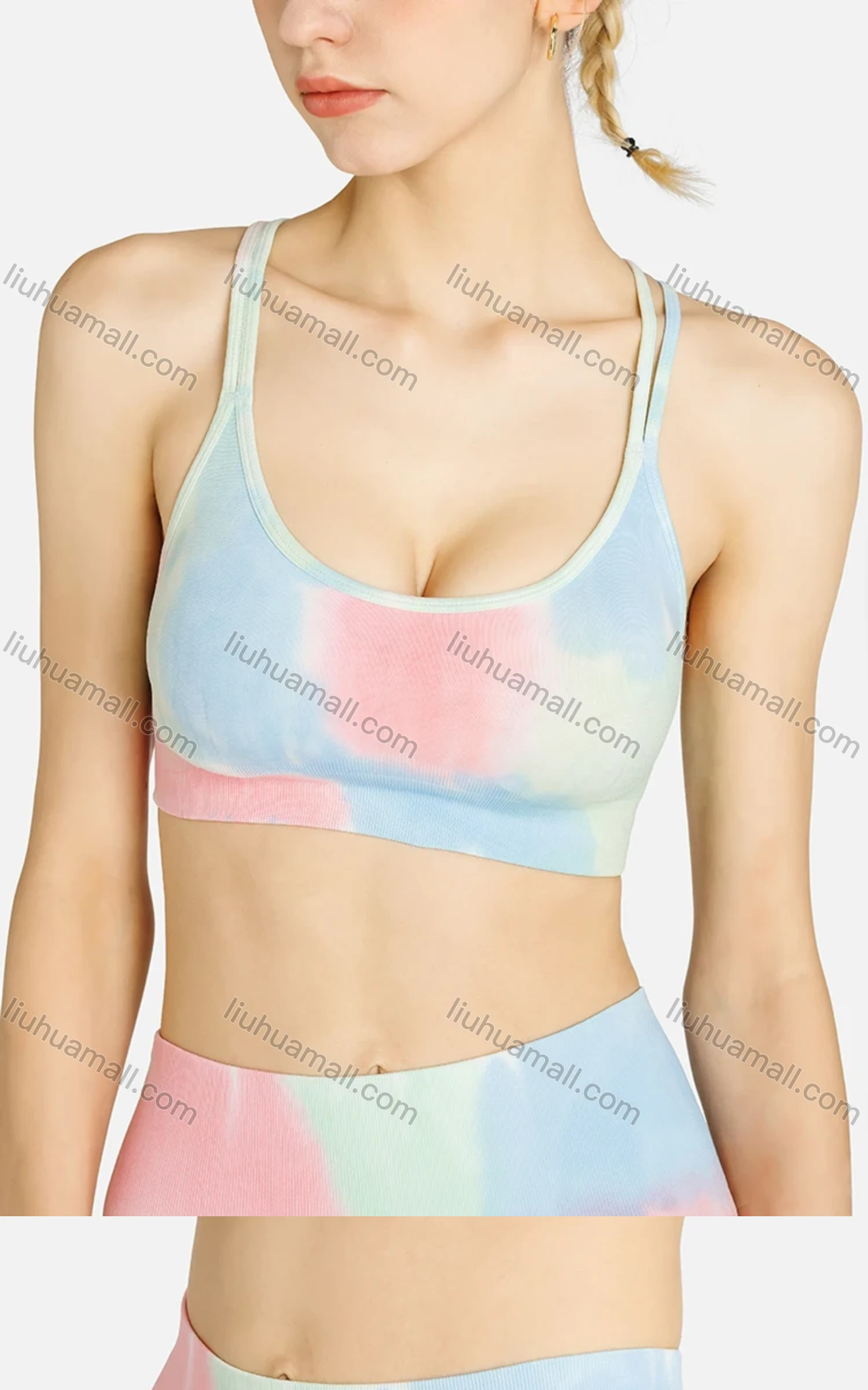 Wholesale Women's Sporty Tie Dye Crisscross Back Bra & High Waist Biker Shorts Set - Liuhuamall