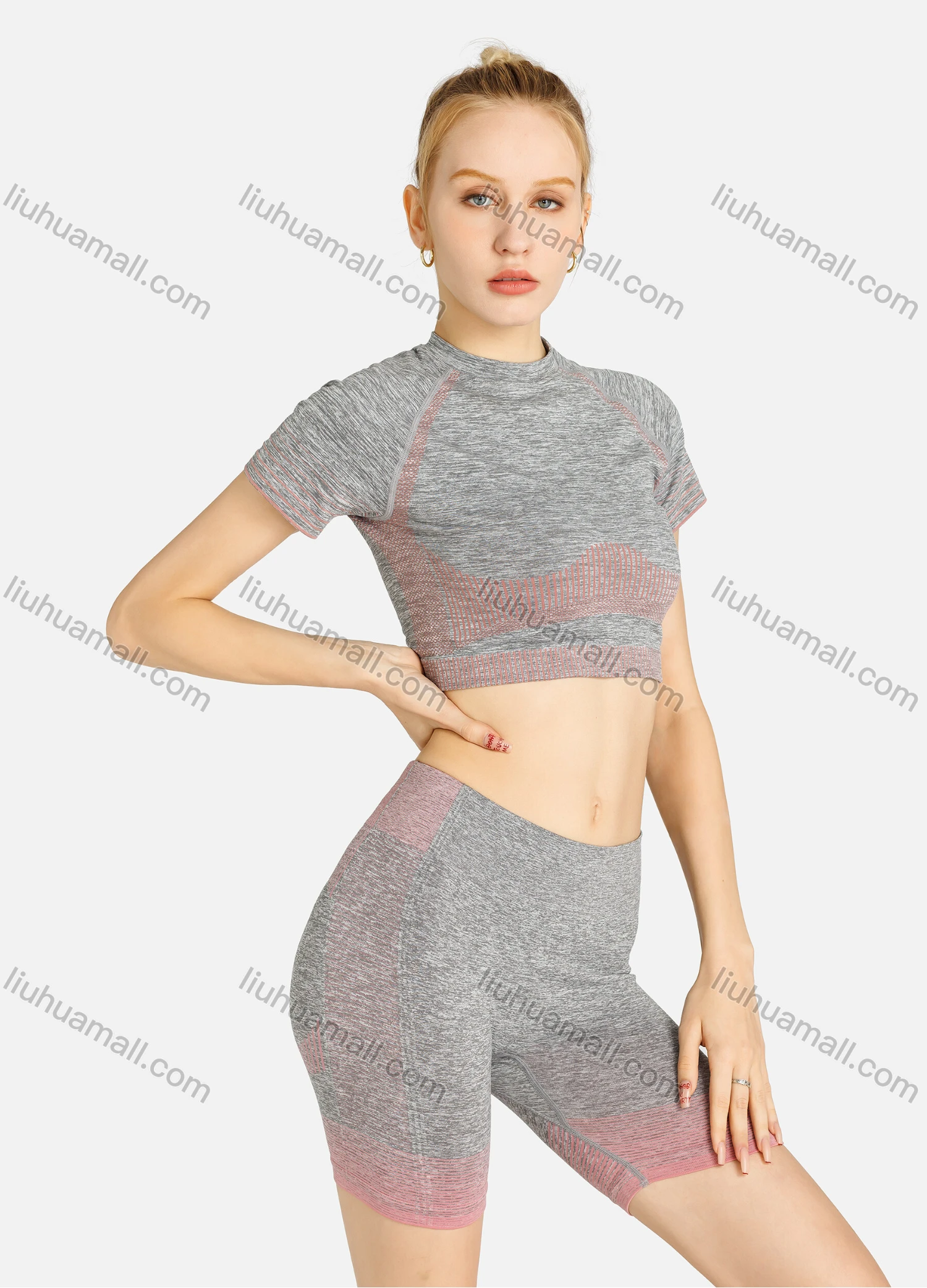 Wholesale Women's Sporty Skinny Fit Stretch Striped Tops & Biker Shorts Set - Liuhuamall