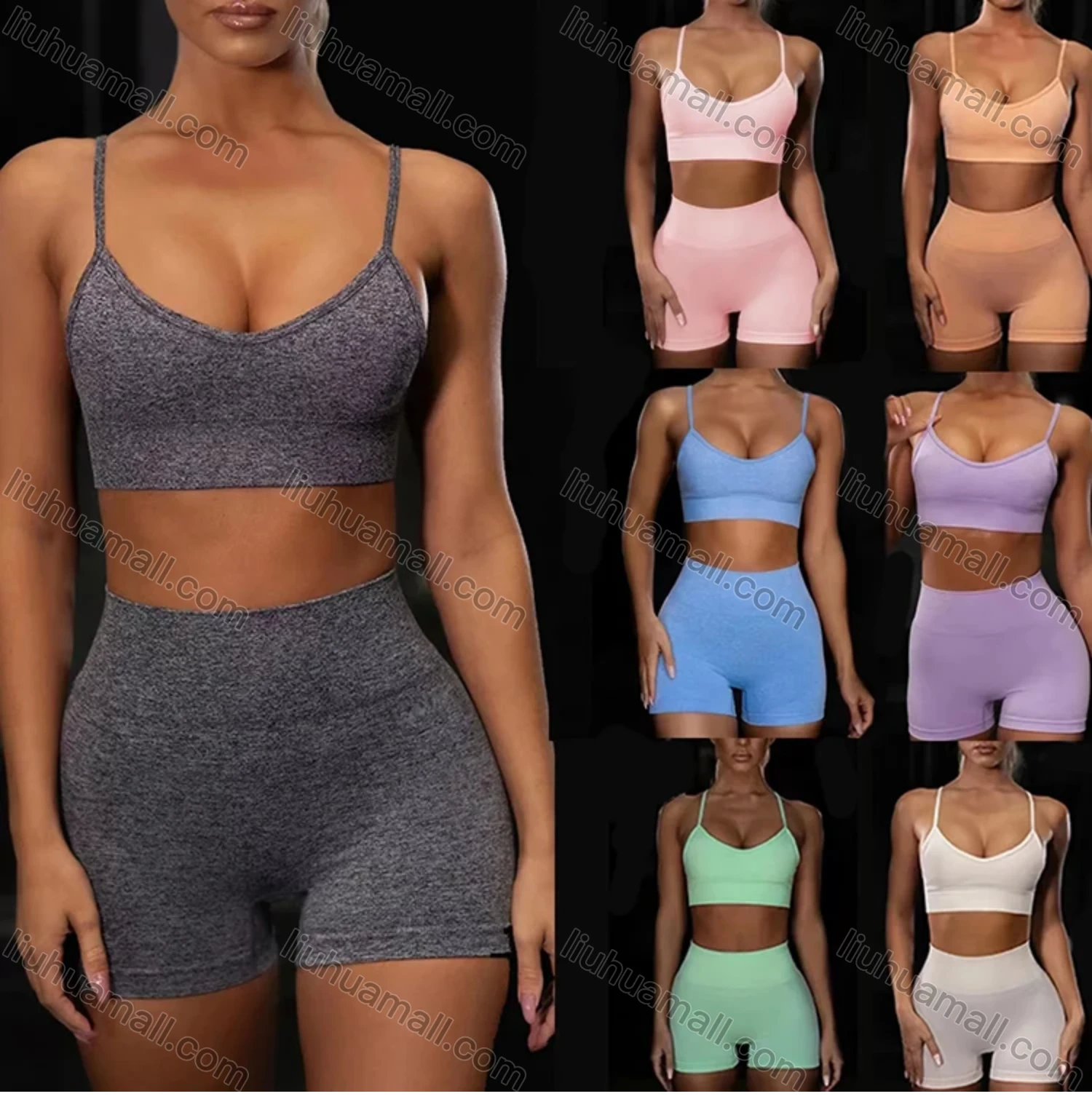 Wholesale Women's Sporty Plain Cropped Cami Top & Biker Shorts Set - Liuhuamall