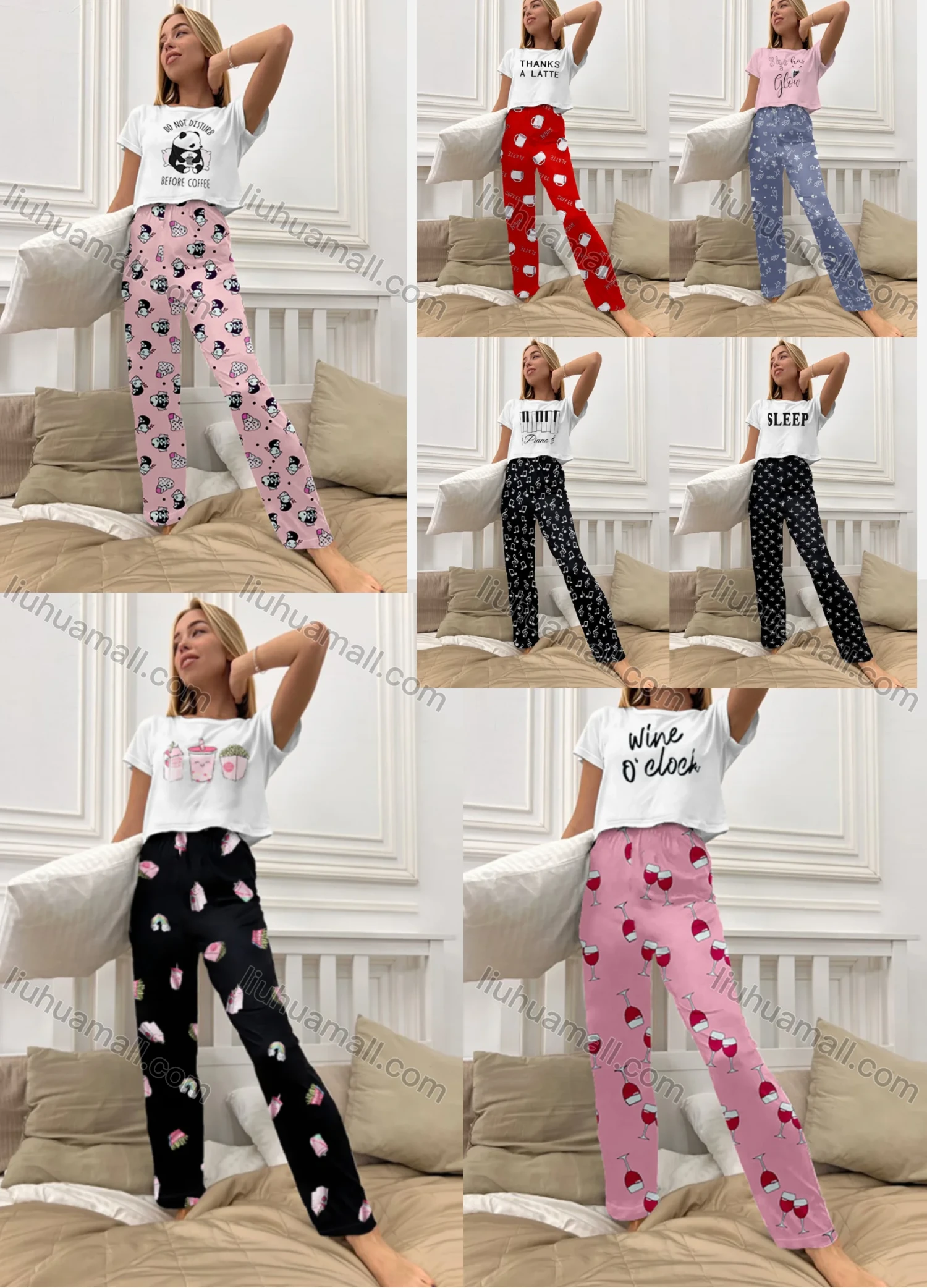 Wholesale Women's Cartoon Graphic Short Sleeve Crop T-shirt & High Waist Cartoon Print Pants 2 Piece Pajamas Lounge Set 72006# - Liuhuamall