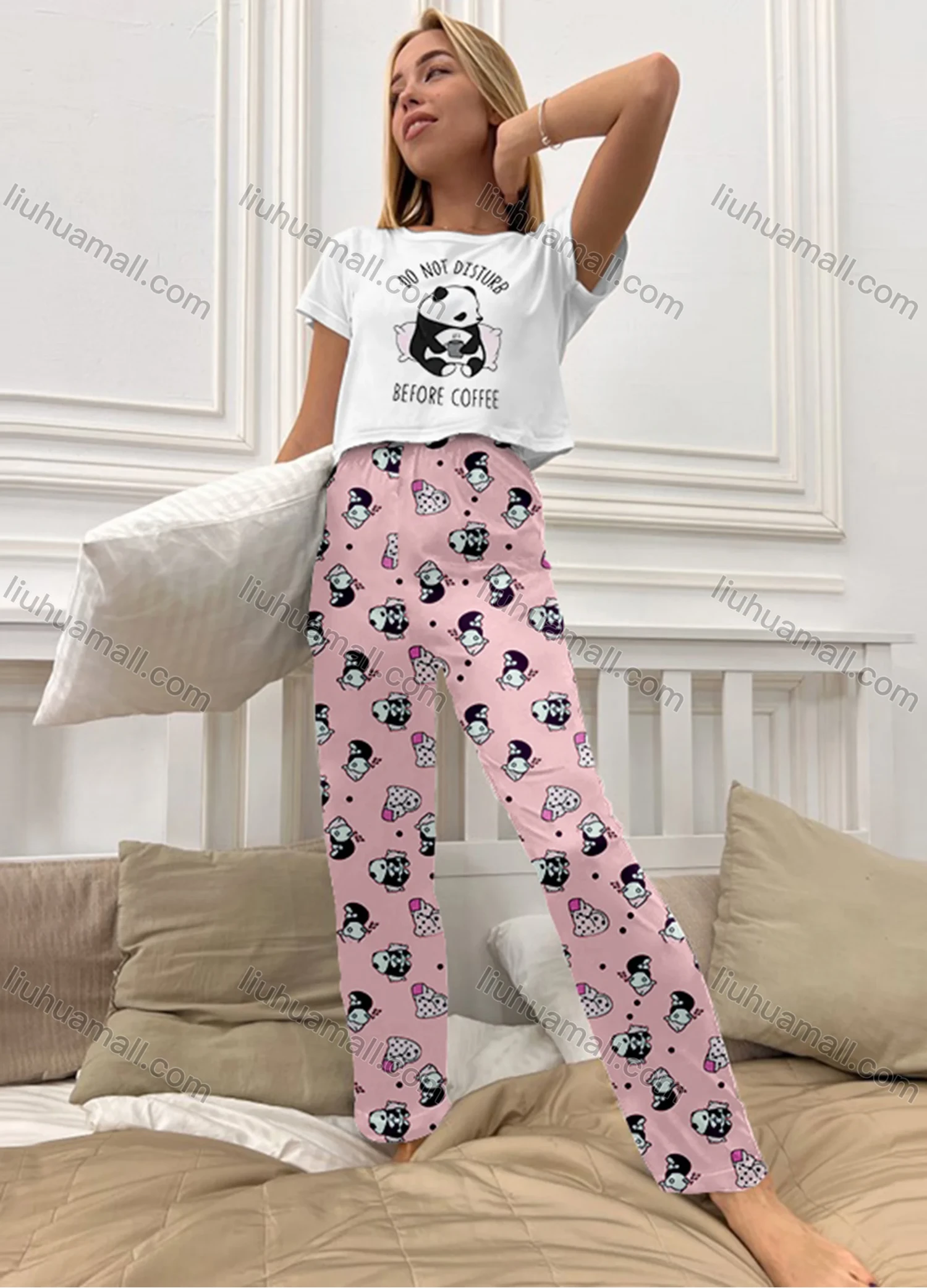 Wholesale Women's Cartoon Graphic Short Sleeve Crop T-shirt & High Waist Cartoon Print Pants 2 Piece Pajamas Lounge Set 72006# - Liuhuamall