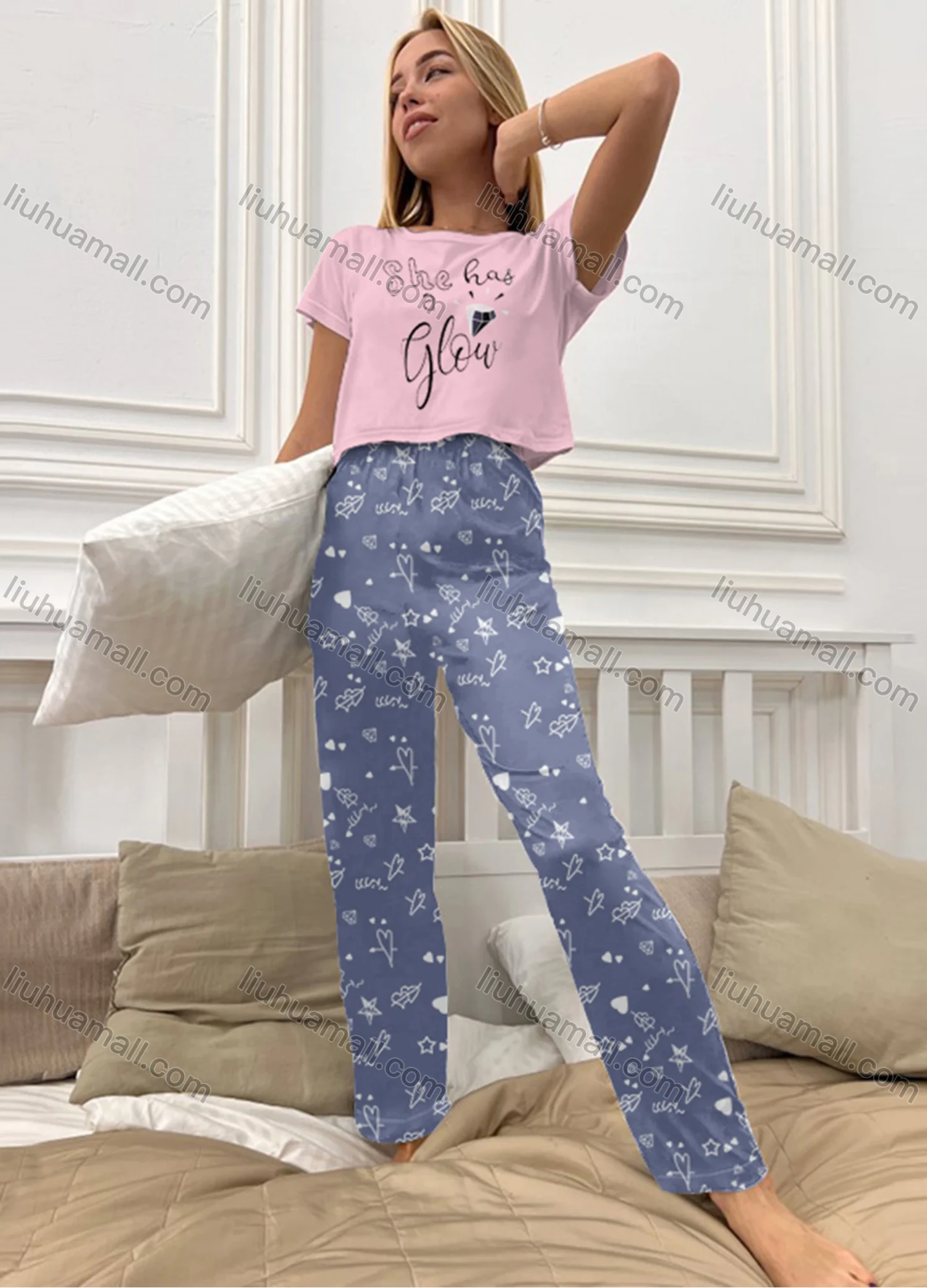 Wholesale Women's Cartoon Graphic Short Sleeve Crop T-shirt & High Waist Cartoon Print Pants 2 Piece Pajamas Lounge Set 72006# - Liuhuamall