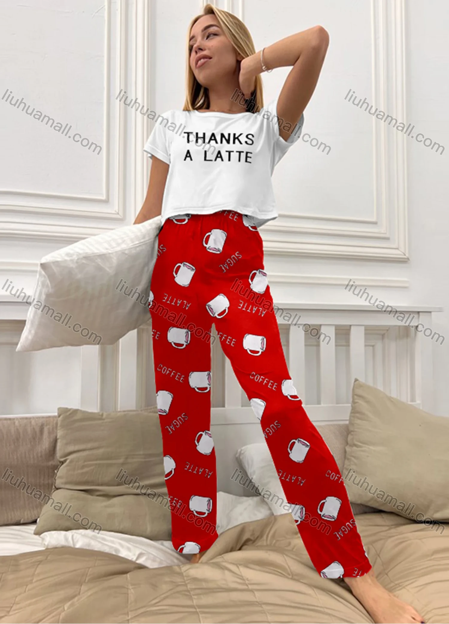 Wholesale Women's Cartoon Graphic Short Sleeve Crop T-shirt & High Waist Cartoon Print Pants 2 Piece Pajamas Lounge Set 72006# - Liuhuamall