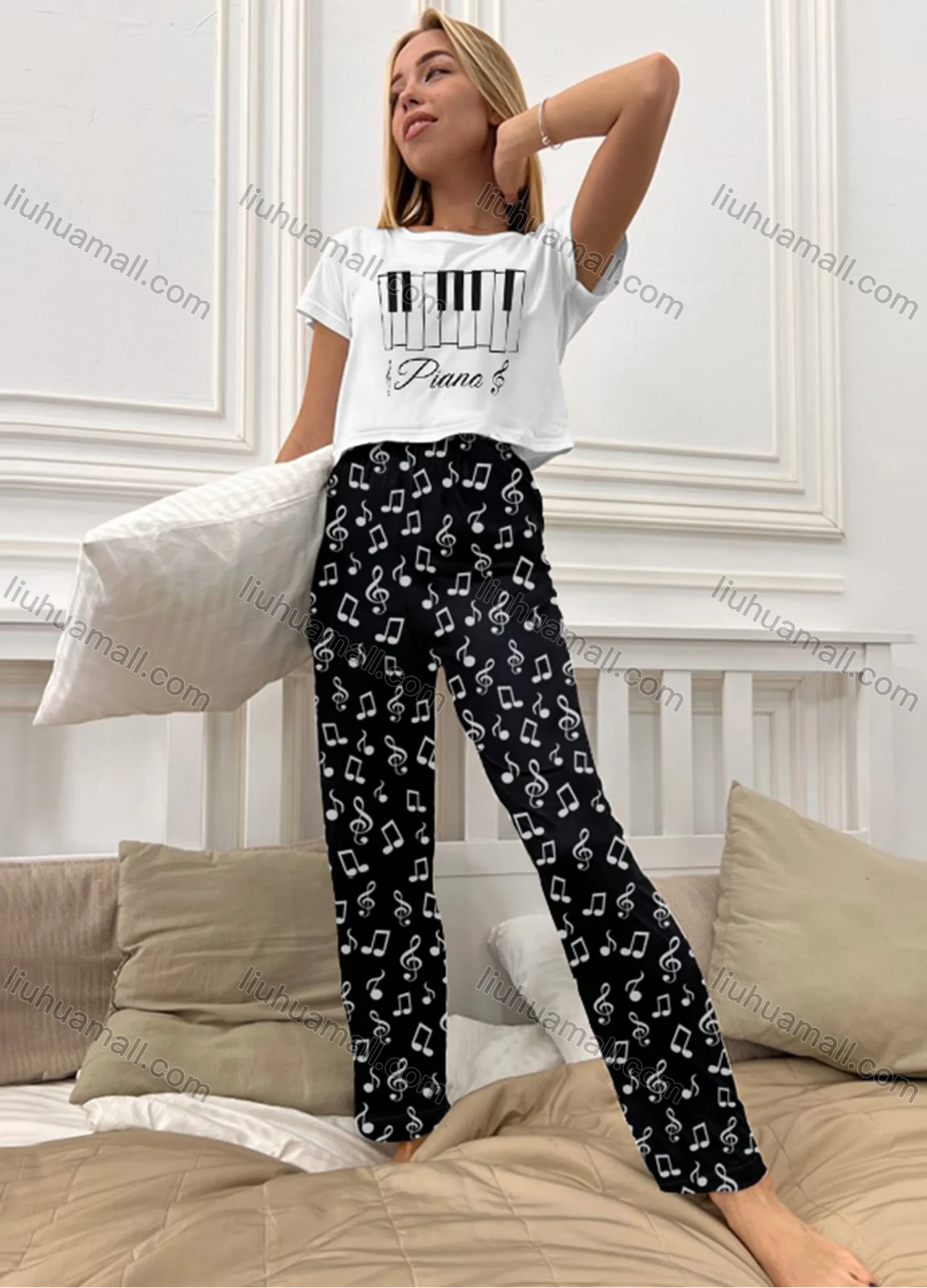 Wholesale Women's Cartoon Graphic Short Sleeve Crop T-shirt & High Waist Cartoon Print Pants 2 Piece Pajamas Lounge Set 72006# - Liuhuamall