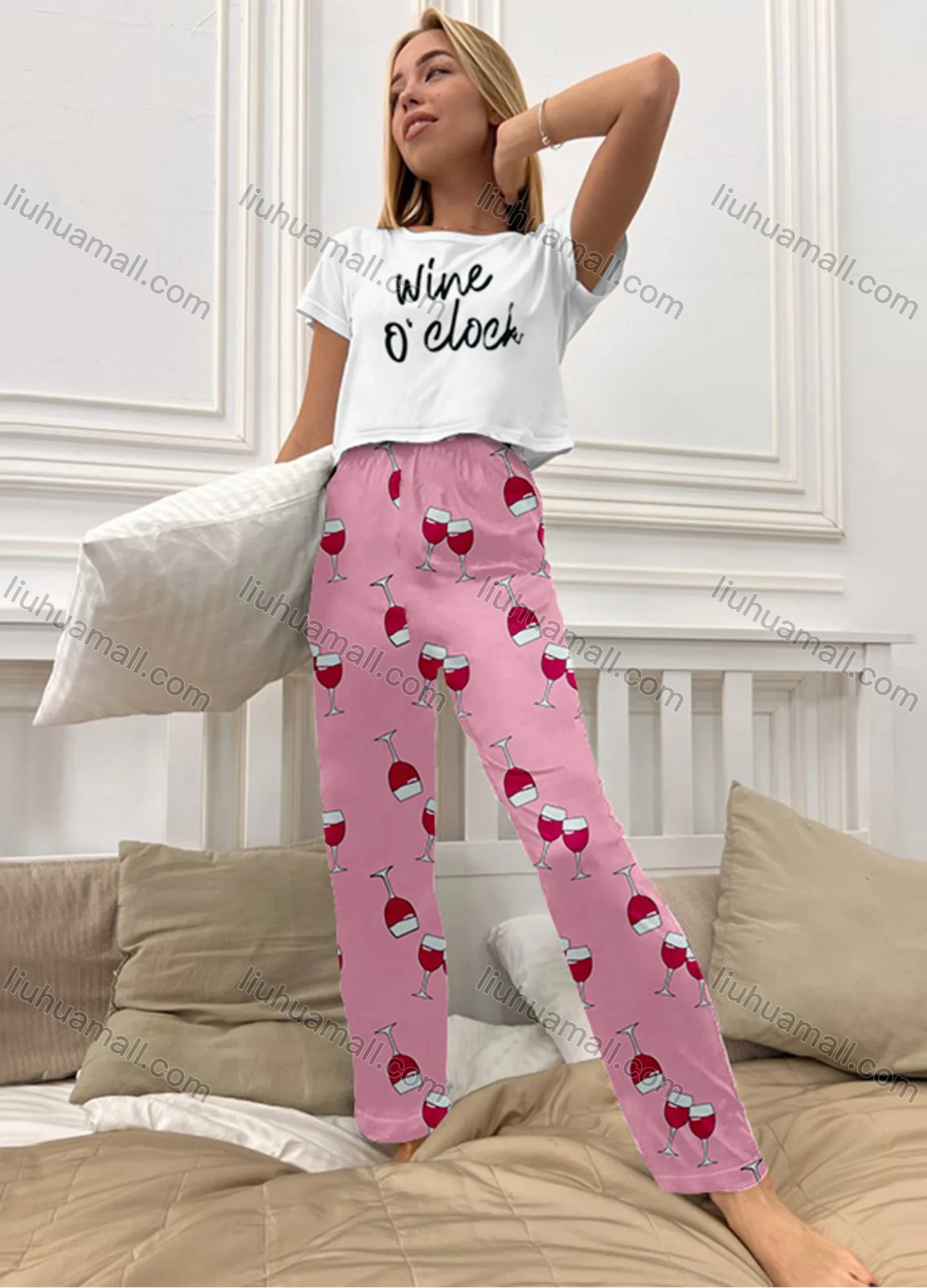 Wholesale Women's Cartoon Graphic Short Sleeve Crop T-shirt & High Waist Cartoon Print Pants 2 Piece Pajamas Lounge Set 72006# - Liuhuamall