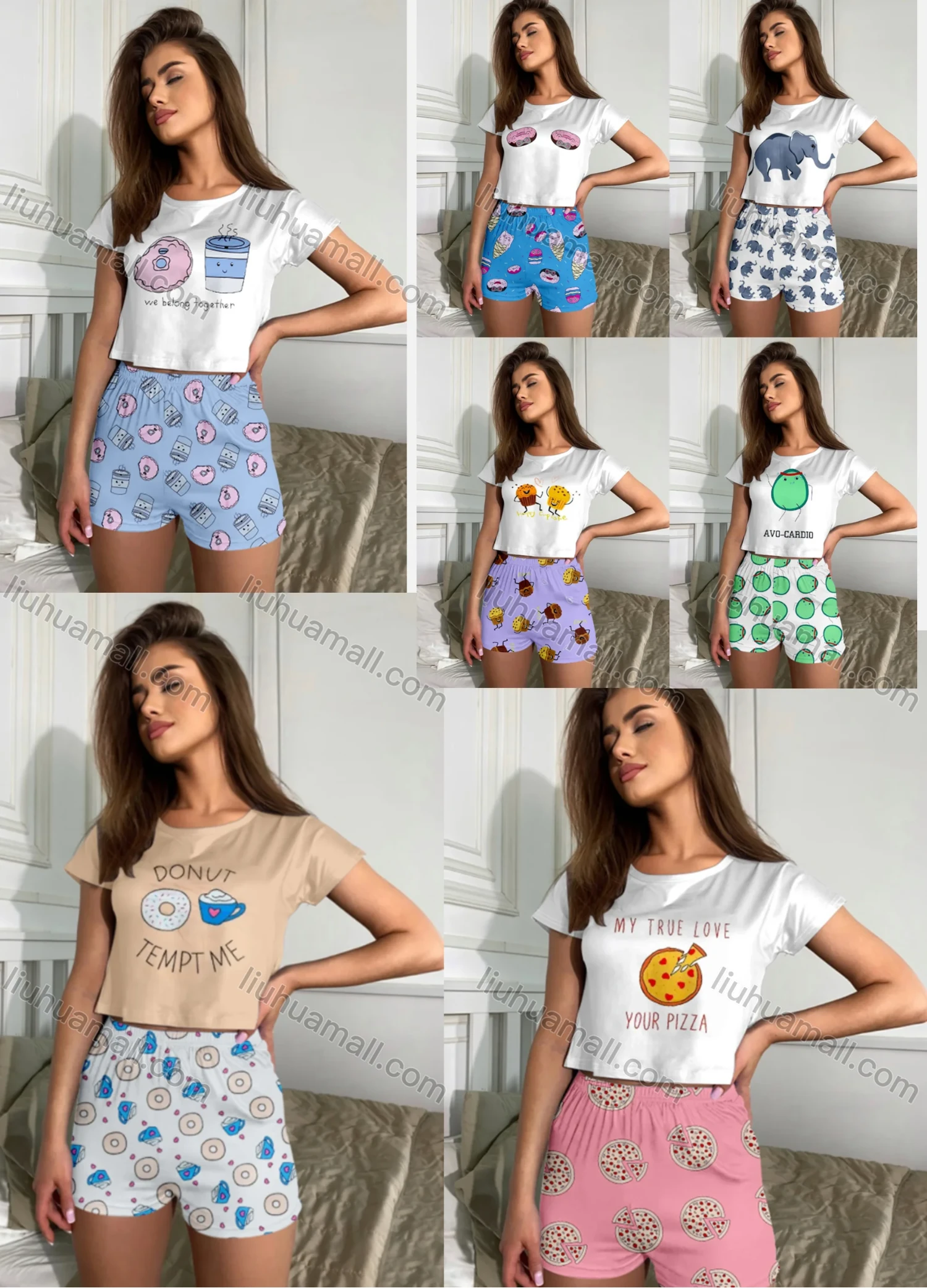 Wholesale Women's Cartoon Graphic Short Sleeve Crop T-shirt & High Waist Cartoon Print Shorts 2 Piece Pajamas Lounge Set 70022# - Liuhuamall