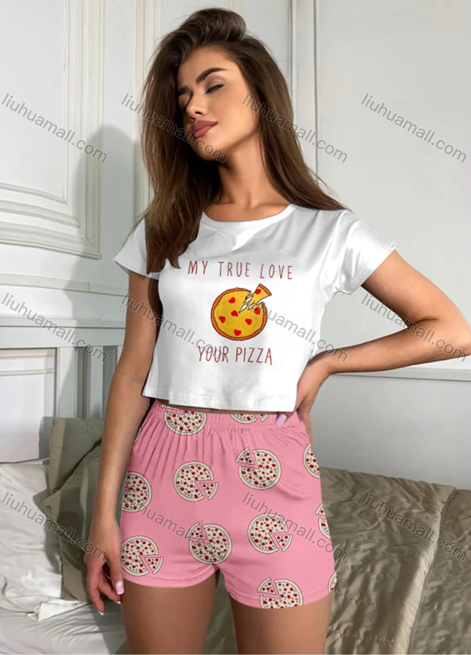 Wholesale Women's Cartoon Graphic Short Sleeve Crop T-shirt & High Waist Cartoon Print Shorts 2 Piece Pajamas Lounge Set 70022# - Liuhuamall