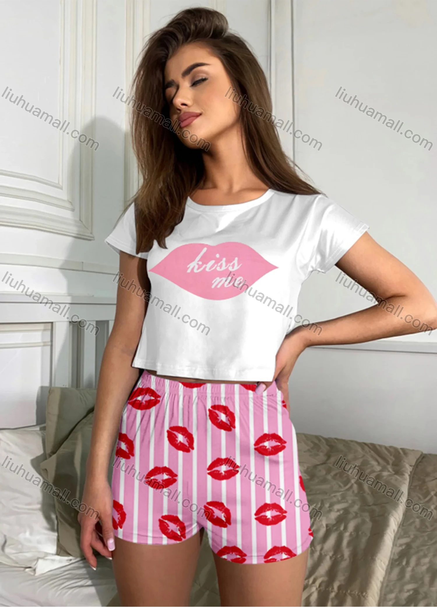 Wholesale Women's Cartoon Graphic Short Sleeve Crop T-shirt & High Waist Cartoon Print Shorts 2 Piece Pajamas Lounge Set 70022# - Liuhuamall