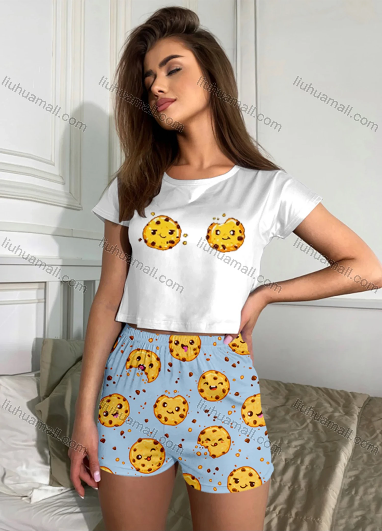 Wholesale Women's Cartoon Graphic Short Sleeve Crop T-shirt & High Waist Cartoon Print Shorts 2 Piece Pajamas Lounge Set 70022# - Liuhuamall