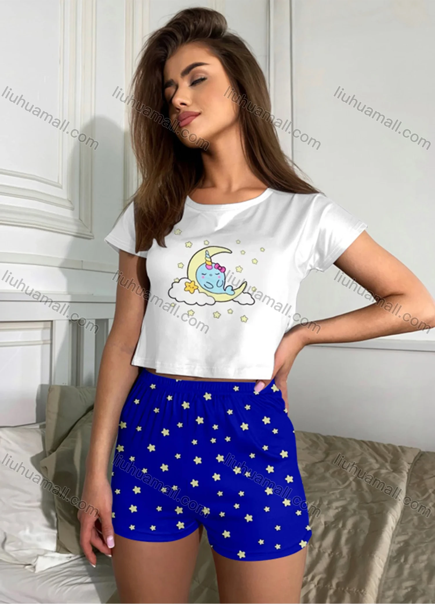 Wholesale Women's Cartoon Graphic Short Sleeve Crop T-shirt & High Waist Cartoon Print Shorts 2 Piece Pajamas Lounge Set 70022# - Liuhuamall