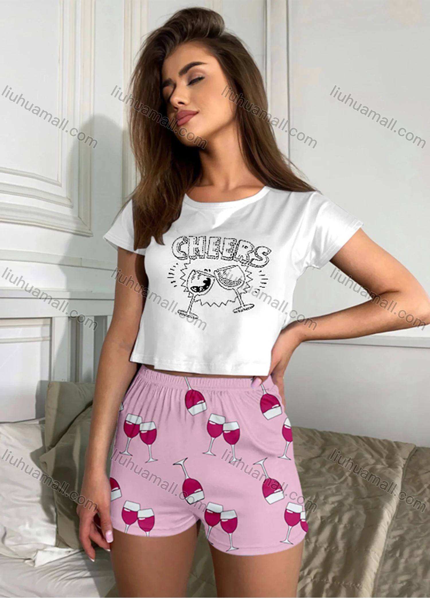 Wholesale Women's Cartoon Graphic Short Sleeve Crop T-shirt & High Waist Cartoon Print Shorts 2 Piece Pajamas Lounge Set 70022# - Liuhuamall