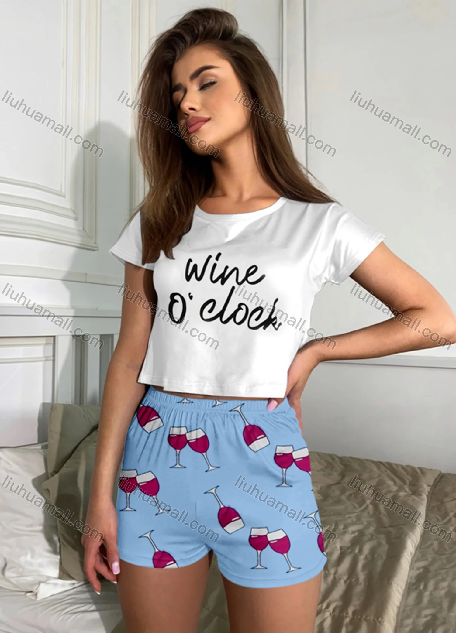 Wholesale Women's Cartoon Graphic Short Sleeve Crop T-shirt & High Waist Cartoon Print Shorts 2 Piece Pajamas Lounge Set 70022# - Liuhuamall