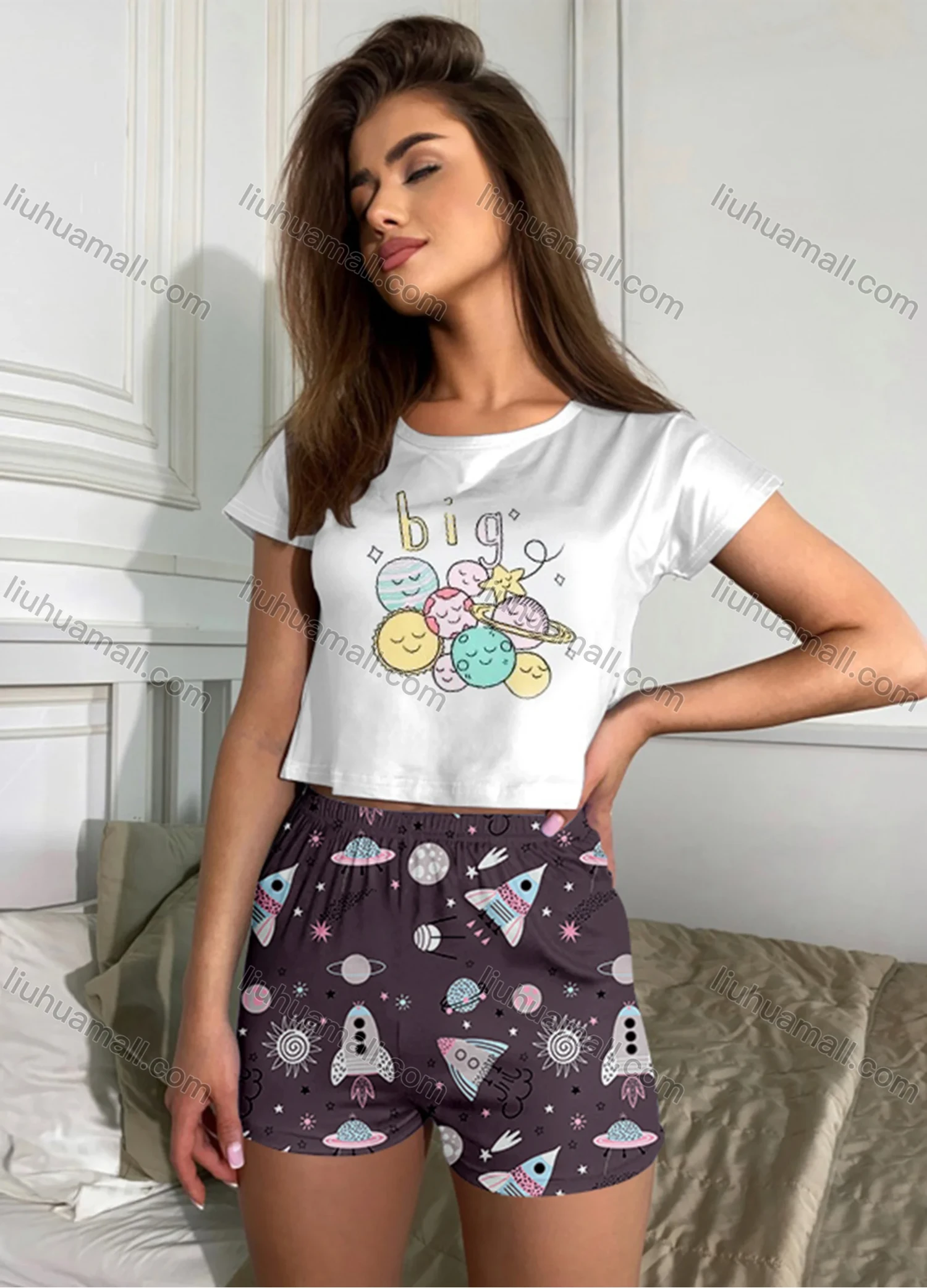 Wholesale Women's Cartoon Graphic Short Sleeve Crop T-shirt & High Waist Cartoon Print Shorts 2 Piece Pajamas Lounge Set 70022# - Liuhuamall