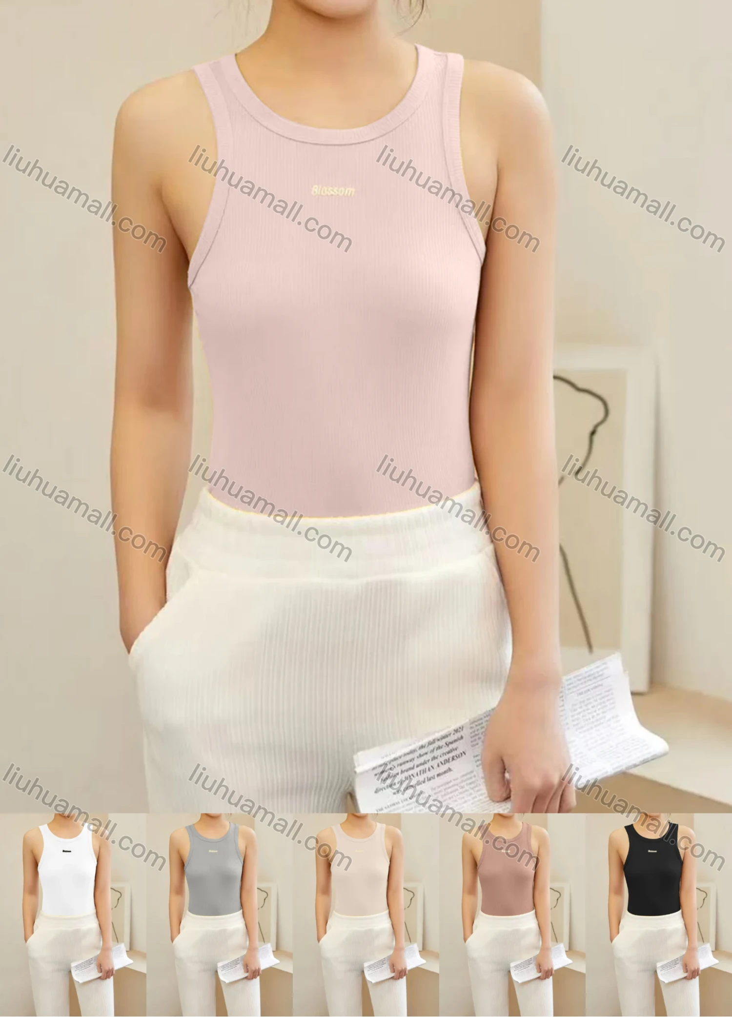 Wholesale Women's Casual Plain Letter Crew Neck Tank Top W090# - Liuhuamall