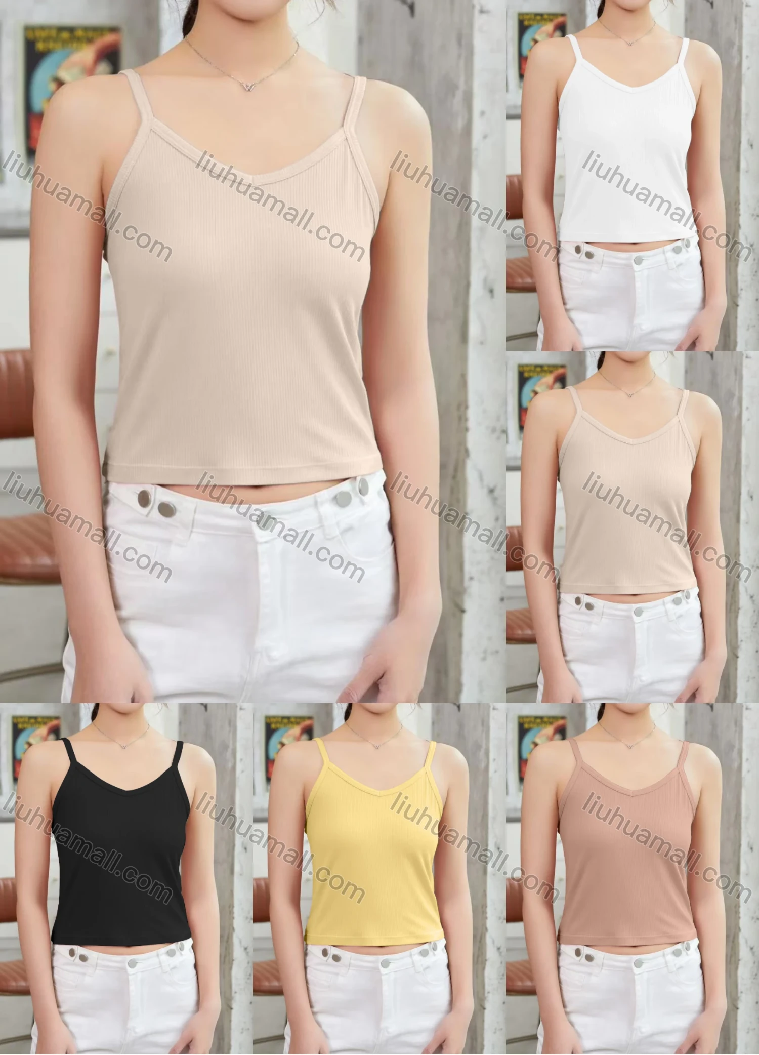 Wholesale Women's Casual Plain Spaghetti Strap Crop Cami Top W051# - Liuhuamall