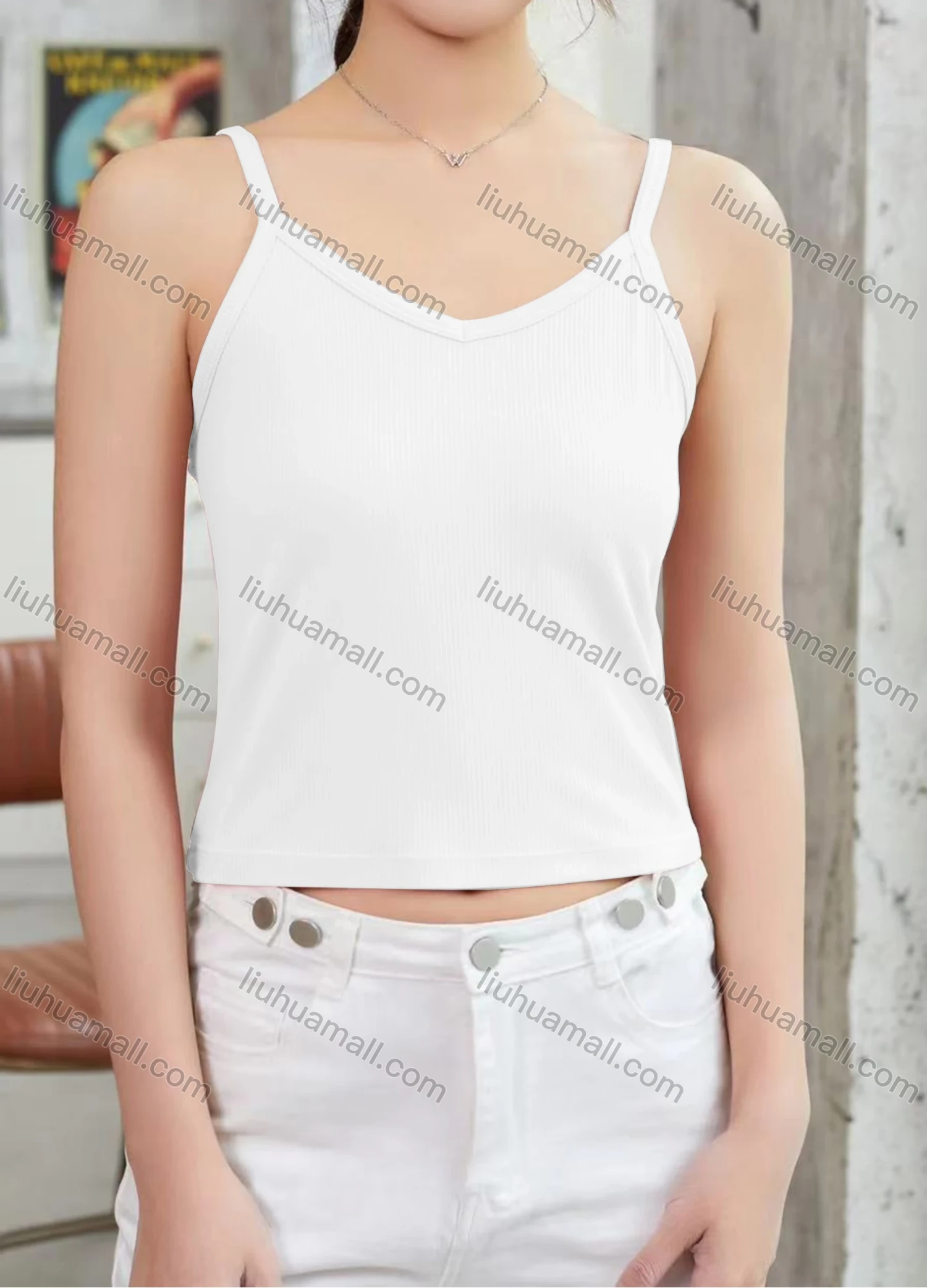 Wholesale Women's Casual Plain Spaghetti Strap Crop Cami Top W051# - Liuhuamall