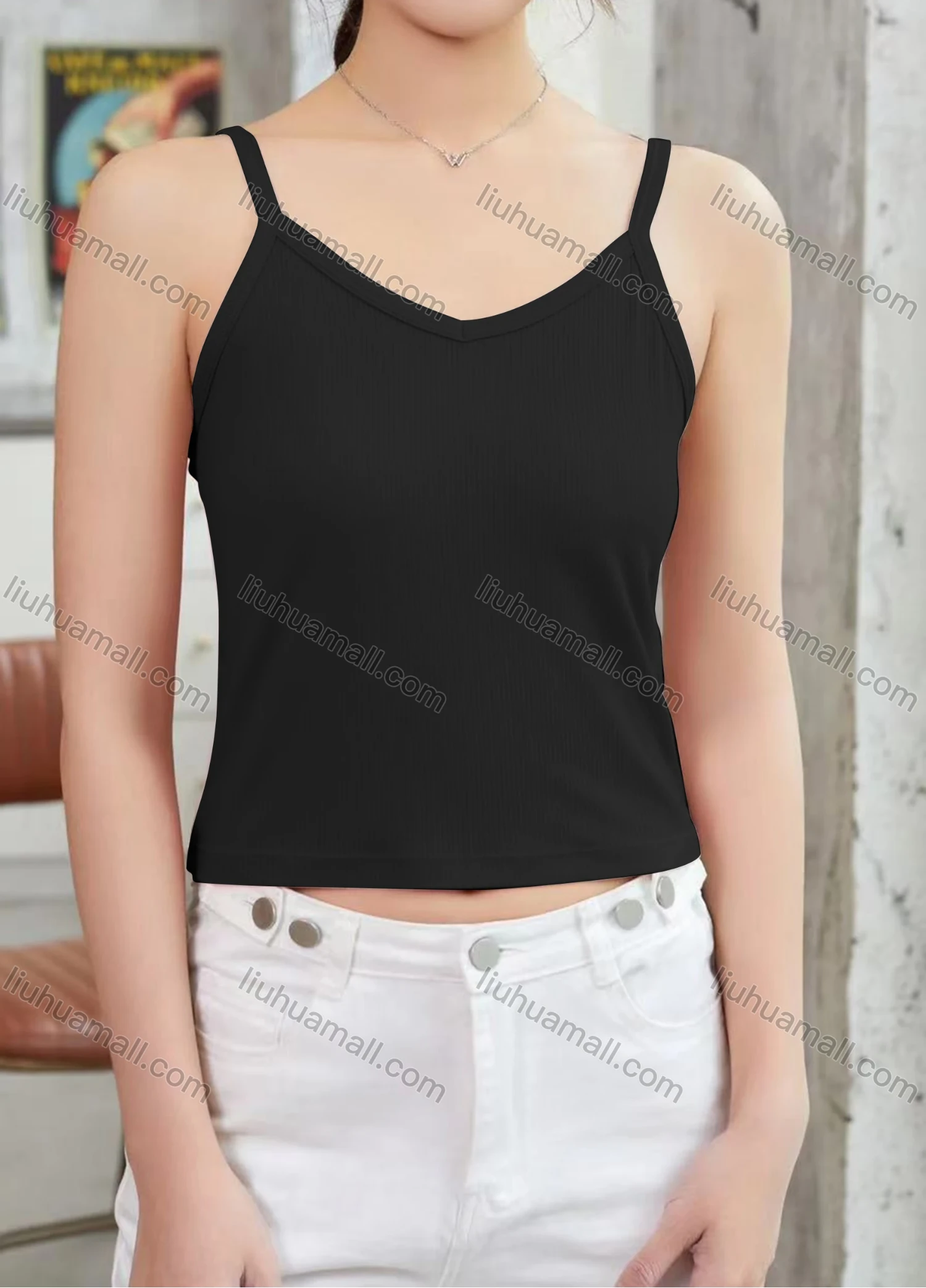 Wholesale Women's Casual Plain Spaghetti Strap Crop Cami Top W051# - Liuhuamall