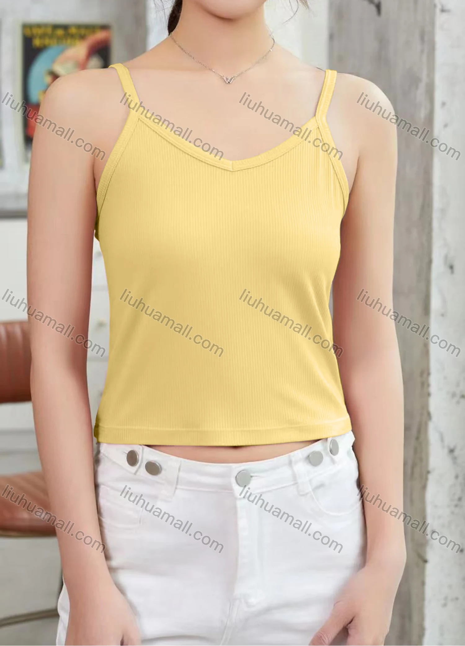 Wholesale Women's Casual Plain Spaghetti Strap Crop Cami Top W051# - Liuhuamall