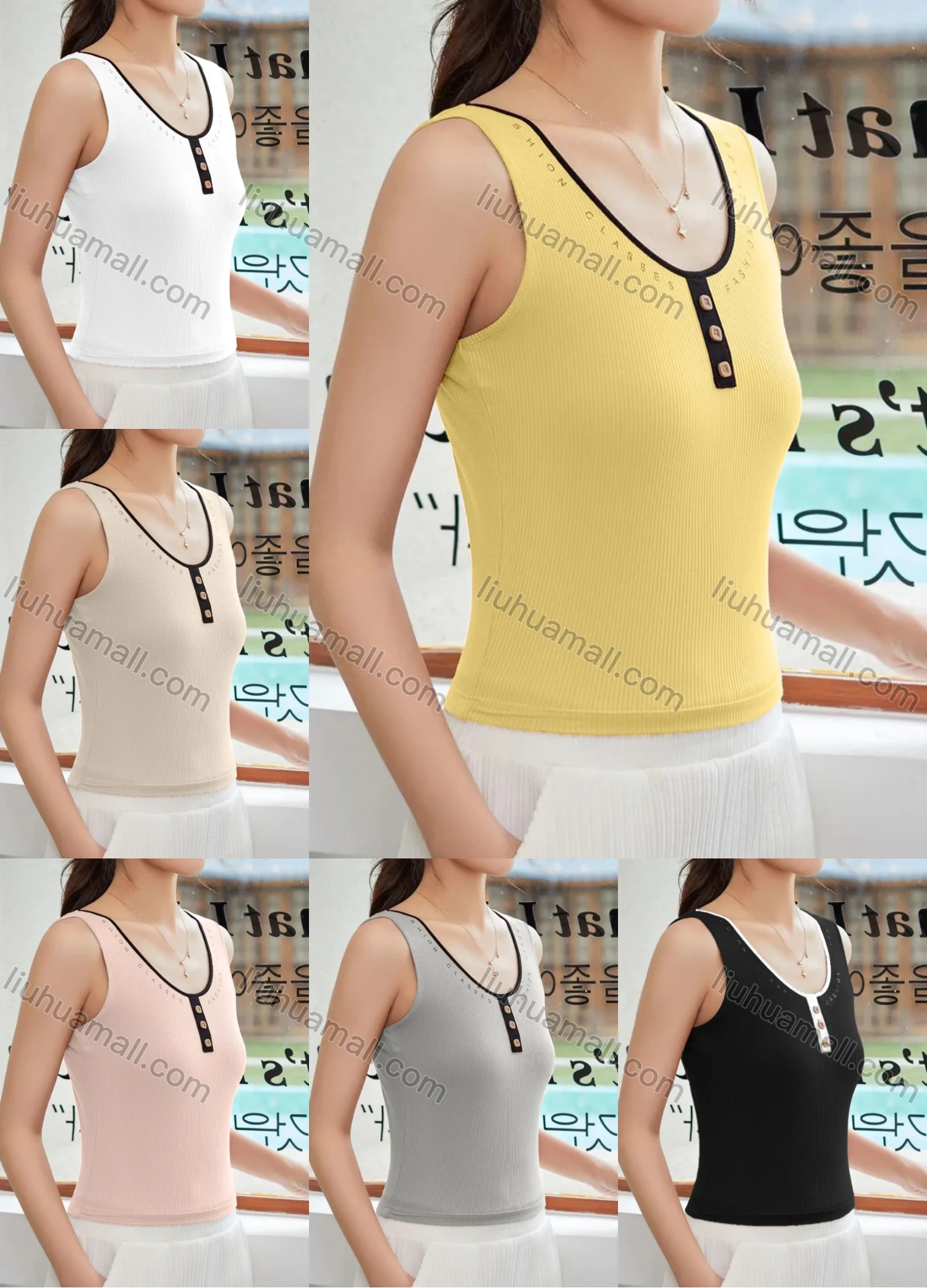 Wholesale Women's Casual Plain Button Decor Letter Scoop Neck Tank Top W013# - Liuhuamall