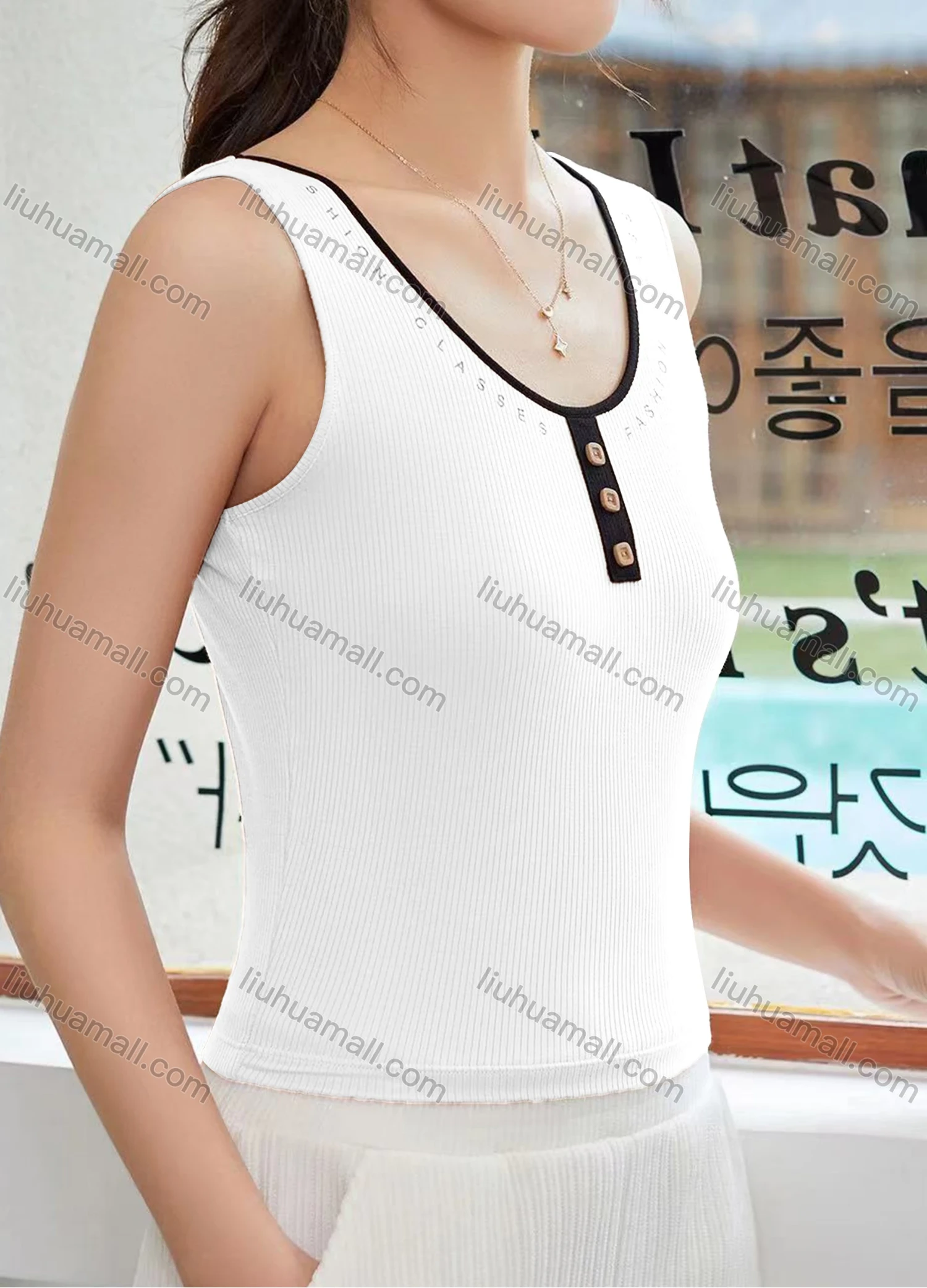 Wholesale Women's Casual Plain Button Decor Letter Scoop Neck Tank Top W013# - Liuhuamall