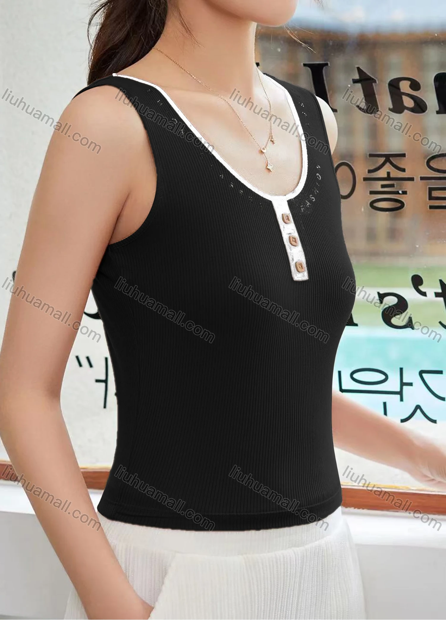 Wholesale Women's Casual Plain Button Decor Letter Scoop Neck Tank Top W013# - Liuhuamall