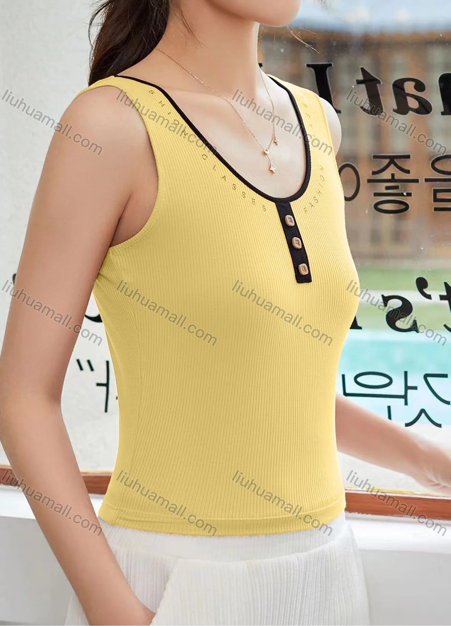 Wholesale Women's Casual Plain Button Decor Letter Scoop Neck Tank Top W013# - Liuhuamall