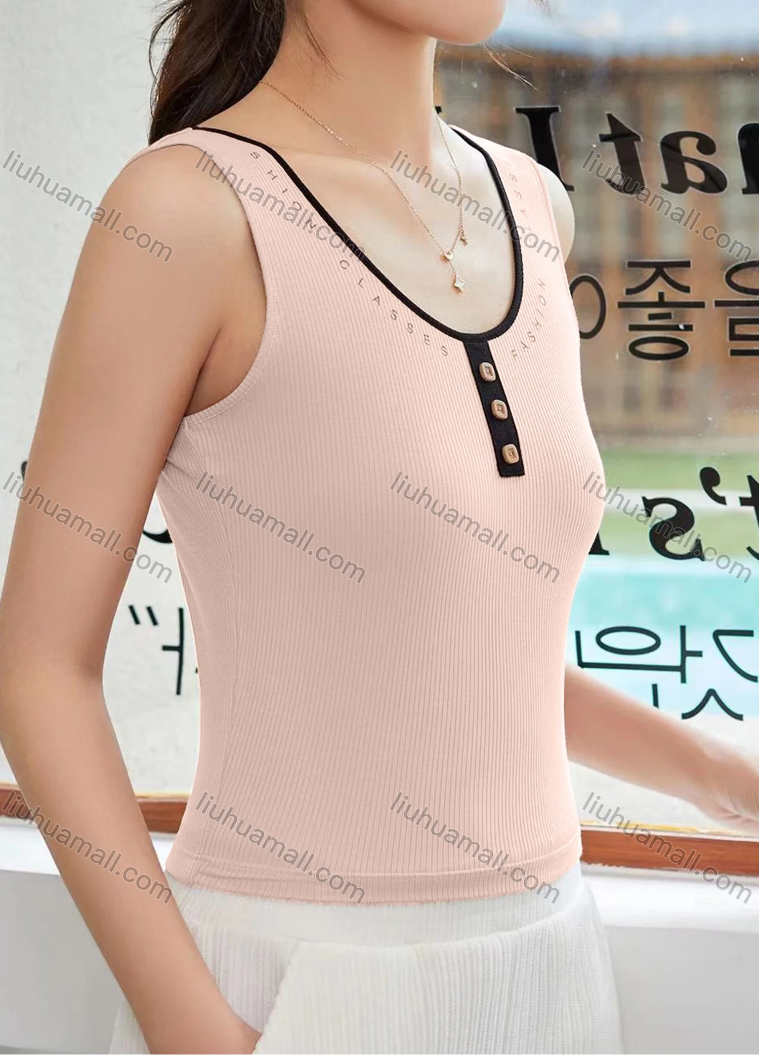Wholesale Women's Casual Plain Button Decor Letter Scoop Neck Tank Top W013# - Liuhuamall