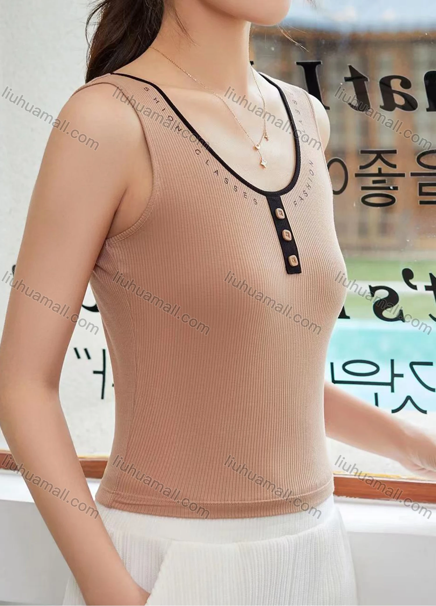 Wholesale Women's Casual Plain Button Decor Letter Scoop Neck Tank Top W013# - Liuhuamall