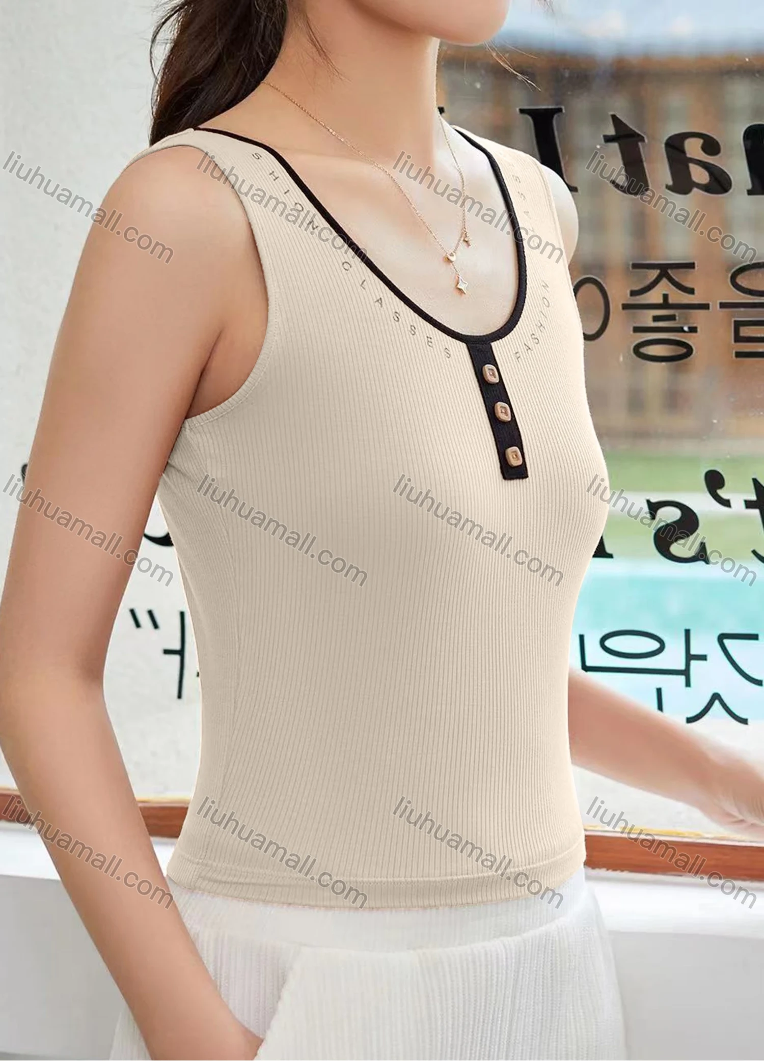 Wholesale Women's Casual Plain Button Decor Letter Scoop Neck Tank Top W013# - Liuhuamall