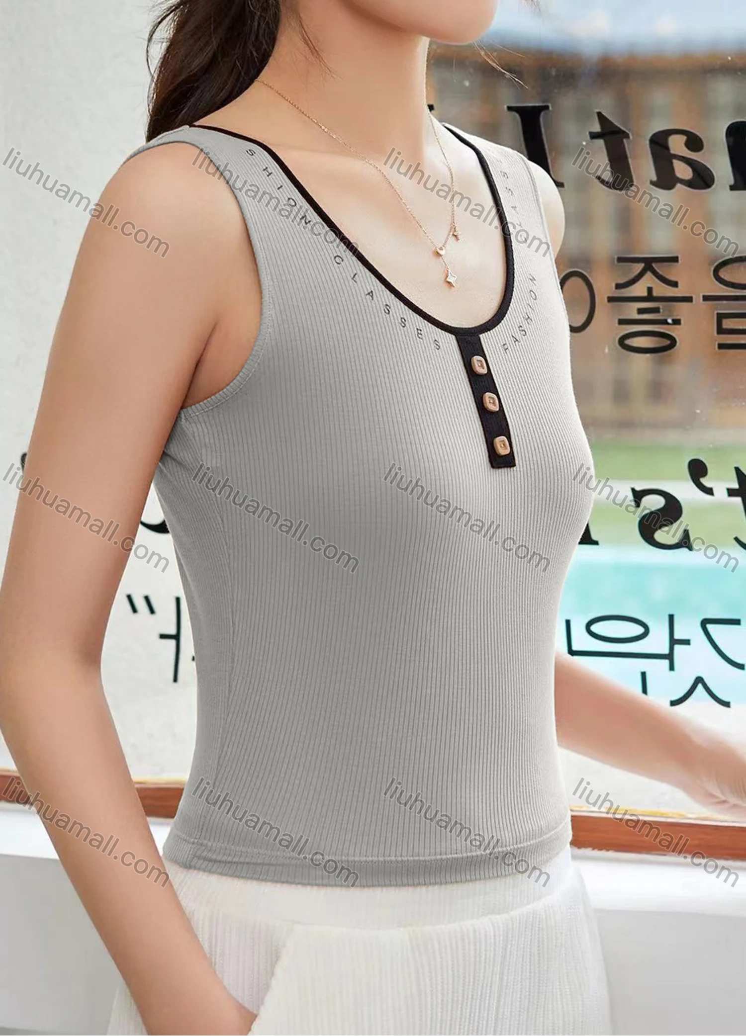 Wholesale Women's Casual Plain Button Decor Letter Scoop Neck Tank Top W013# - Liuhuamall