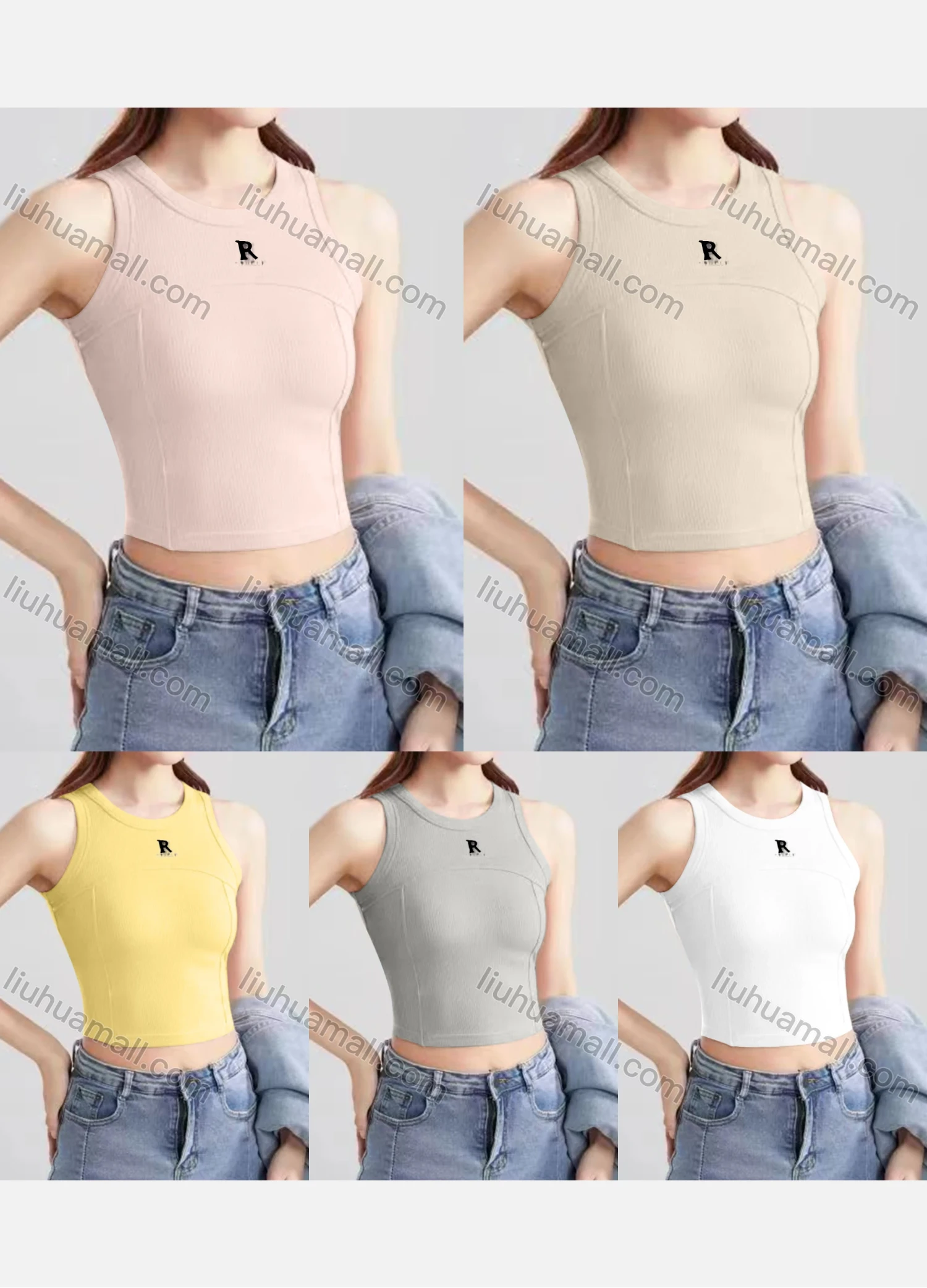 Wholesale Women's Casual Plain Letter Crew Neck Crop Tank Top B581# - Liuhuamall