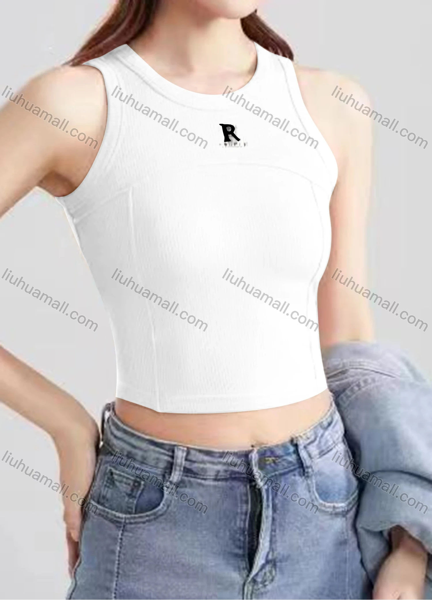 Wholesale Women's Casual Plain Letter Crew Neck Crop Tank Top B581# - Liuhuamall