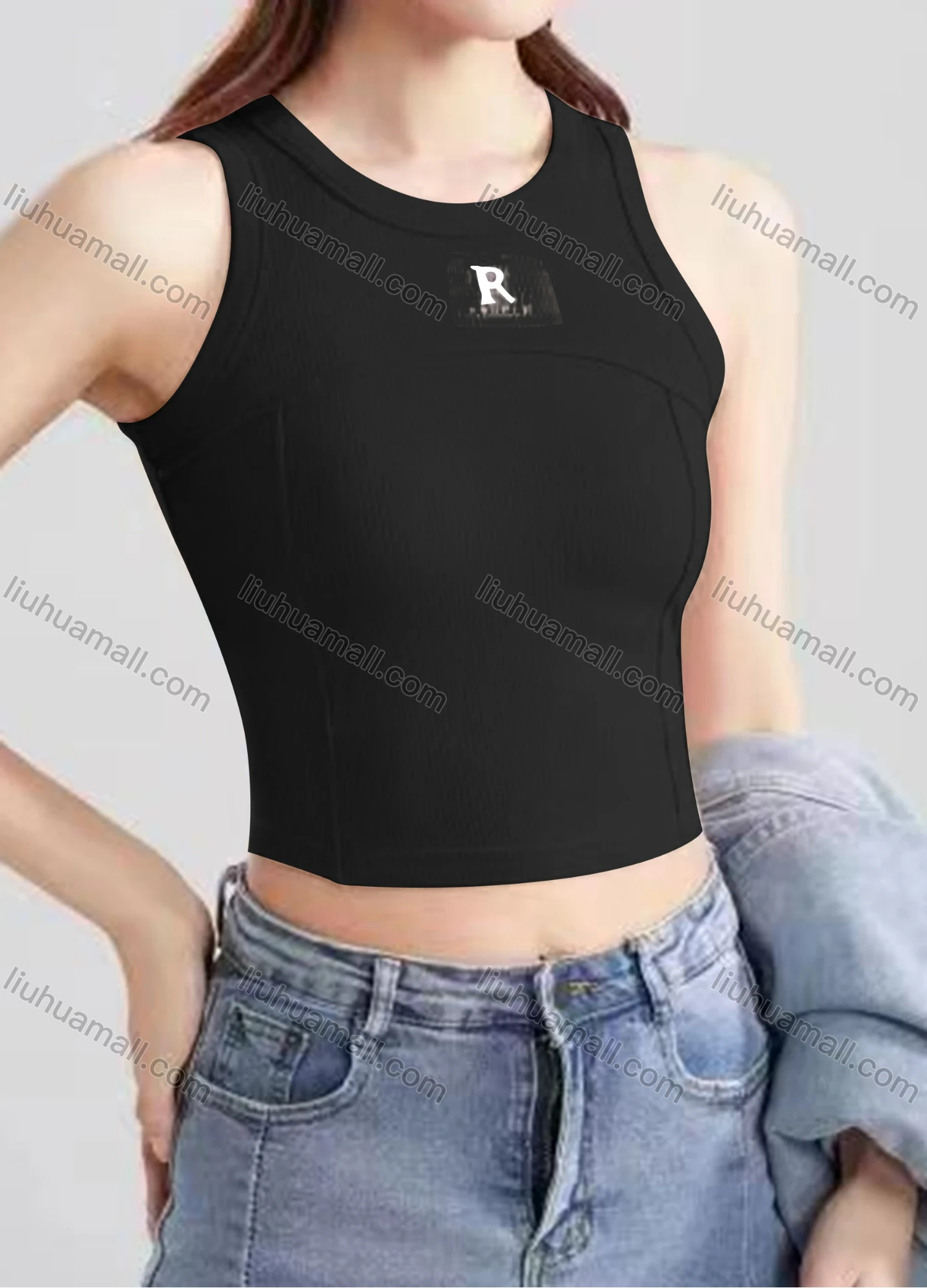 Wholesale Women's Casual Plain Letter Crew Neck Crop Tank Top B581# - Liuhuamall